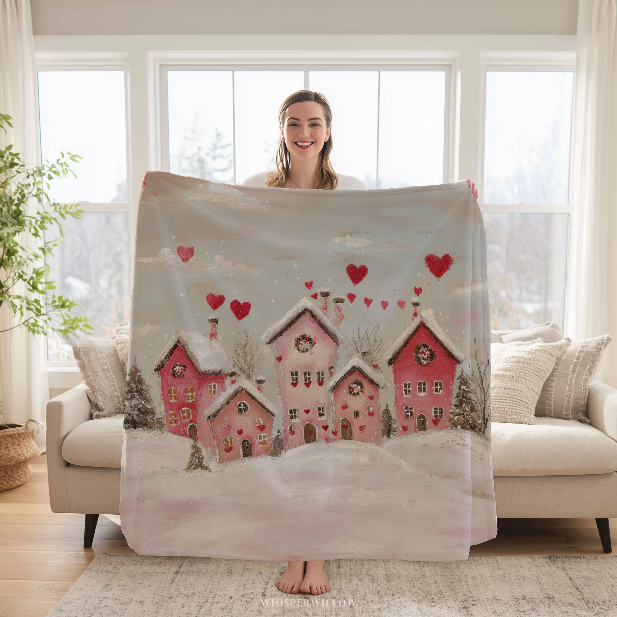 Kuschelige Kuscheldecke | Romantische Winterdecke mit rosa Dorfherz und Schnee
