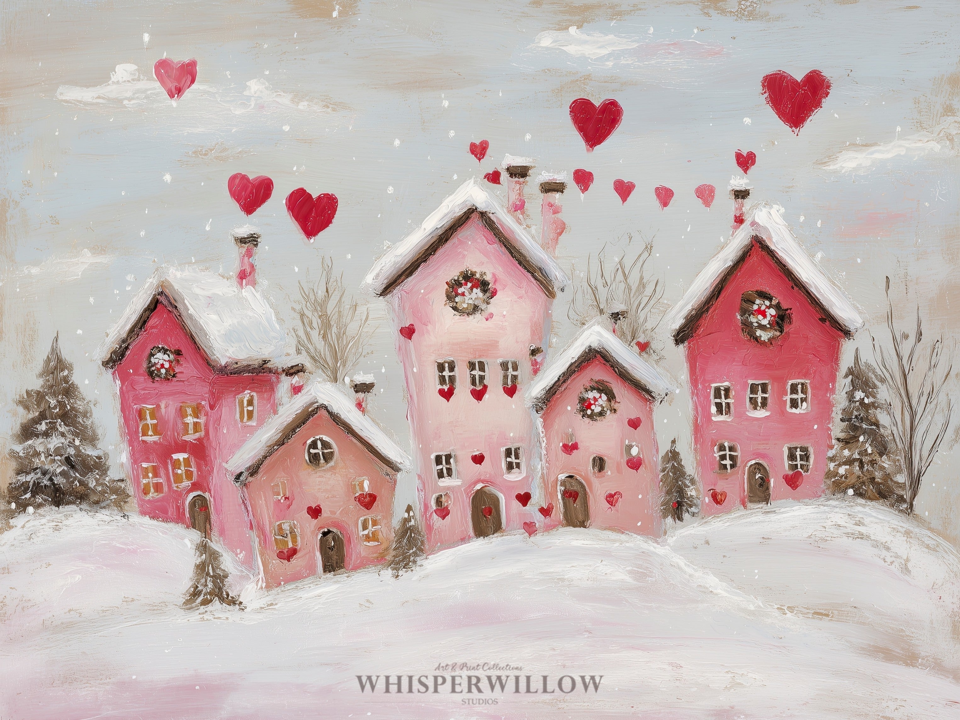 Pink Romantic Houses Wall Art Valentine's Day Home Decor Gift