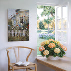 Country Home American Flowers Canvas Wall Art | Vintage Cottage Garden Picket Fence | Rustic Independence Day Decor