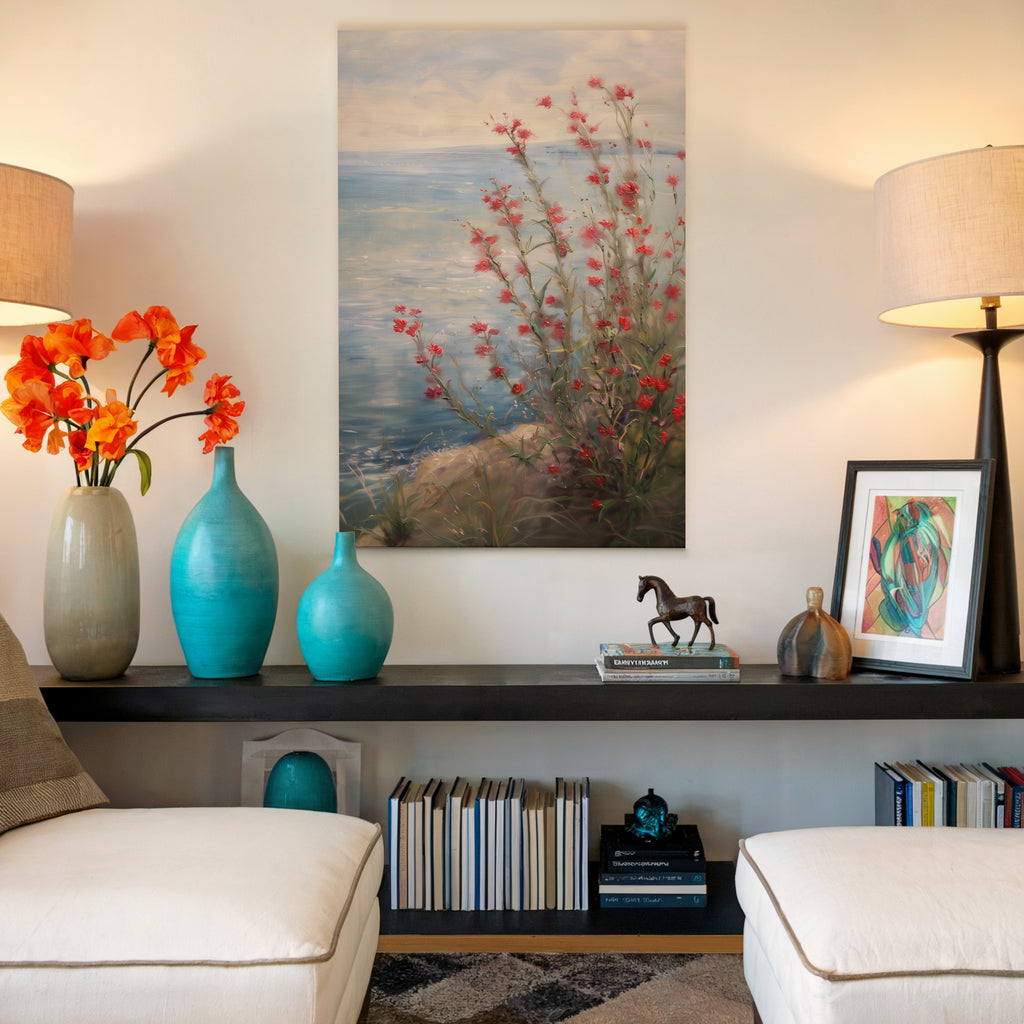 Leinwandbild mit roten Küstenwildblumen | Blumendesign zum Unabhängigkeitstag | Sommerdeko zum 4. Juli, Botanische Meeresmotive