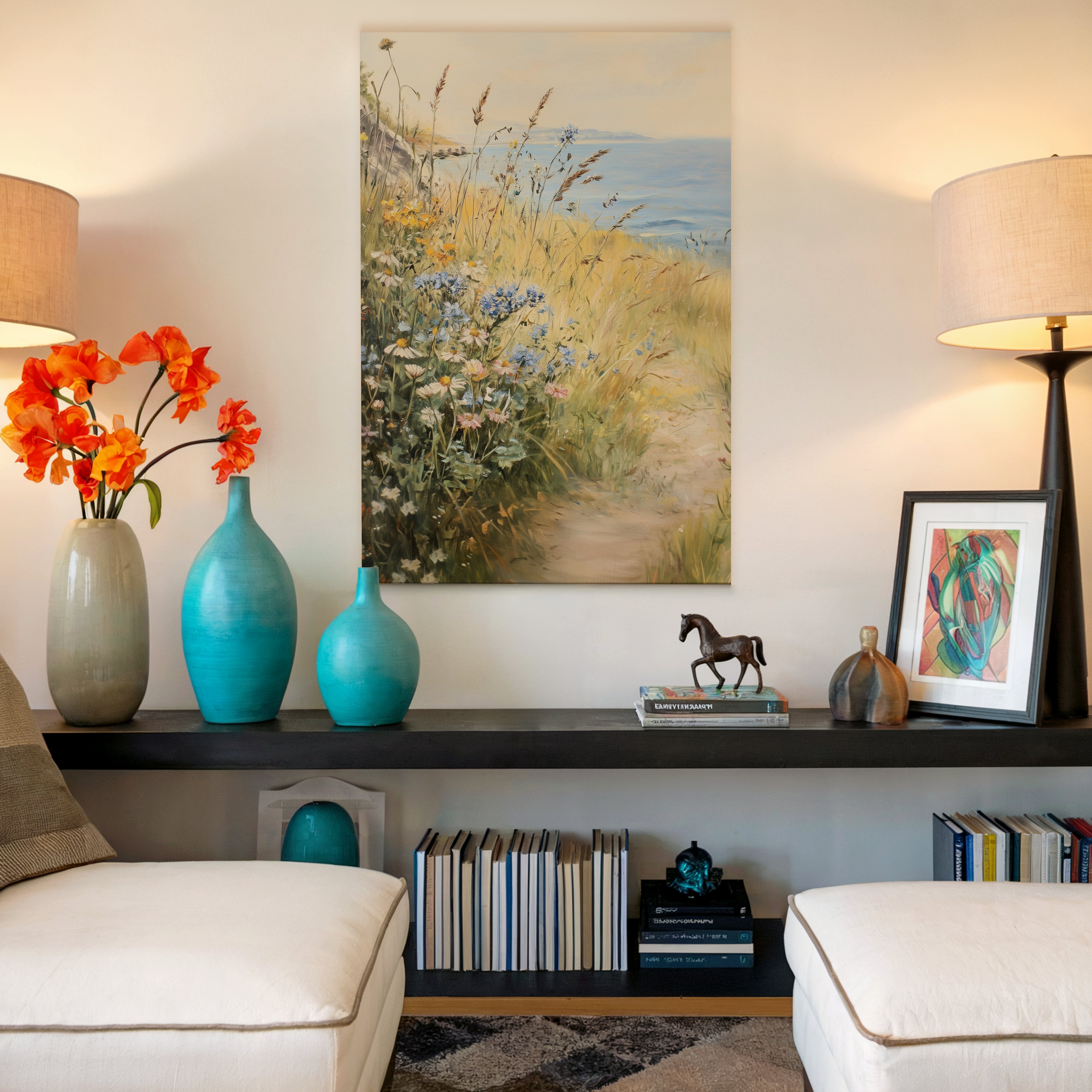 Leinwandbild mit Küstenwildblumen | Vintage-Meereswiesen-Design | Botanische Strandhaus-Dekoration, blau-gelbe Blumendekoration