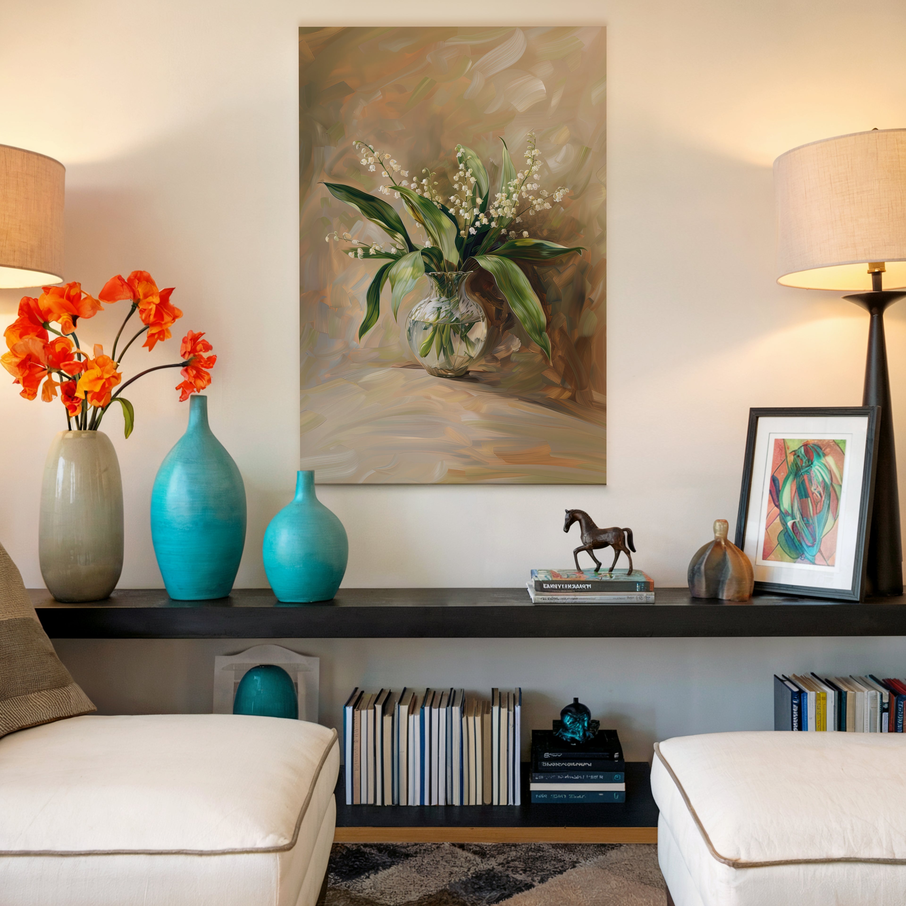 Leinwandbild „Maiglöckchen“ – Vintage-Blumenstrauß, elegantes botanisches Stillleben, wunderschöne klassische Landhausdekoration