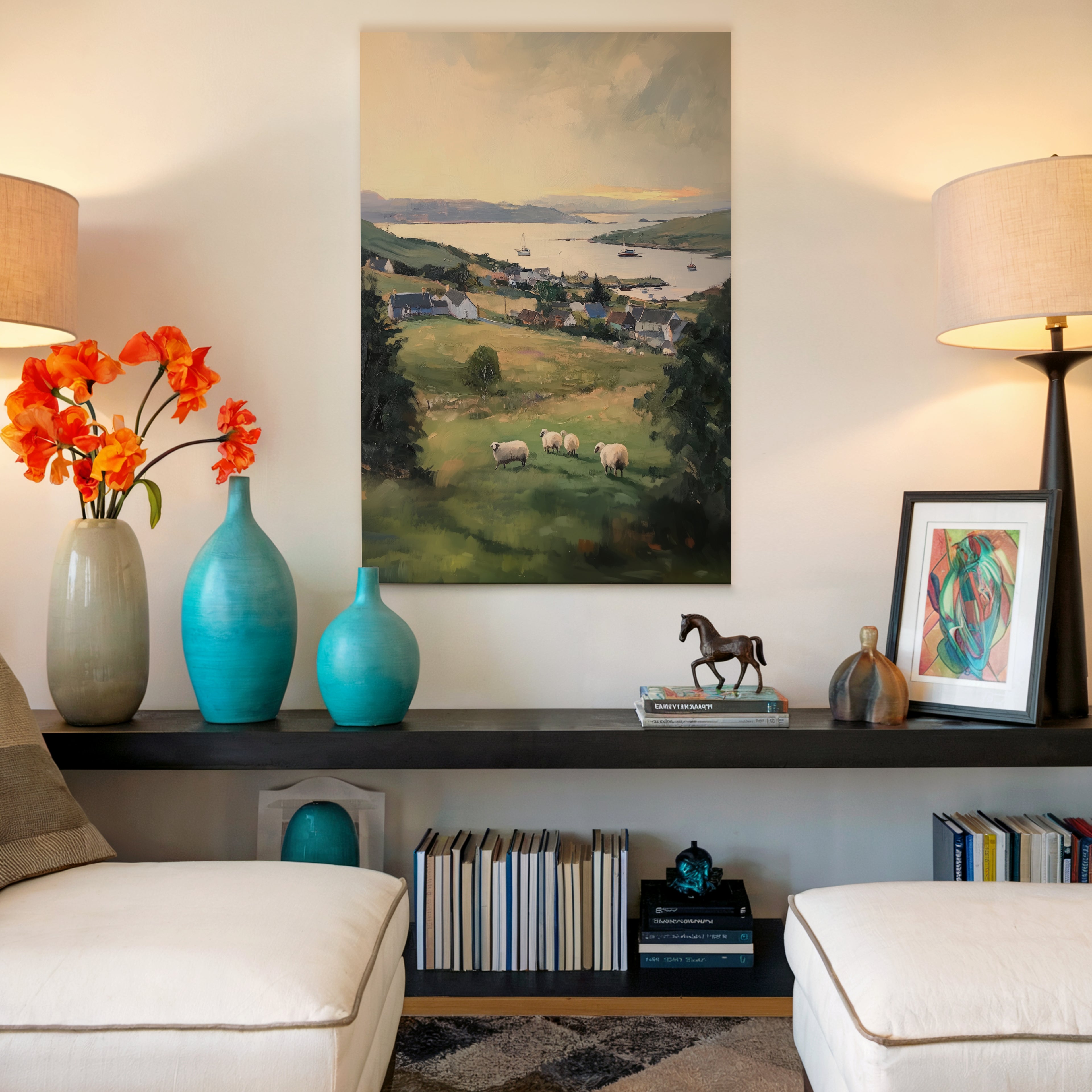 Irische Landschaftsmotive auf Leinwand | Schafweide an der Küste &amp; rustikales Cottage-Dorf | Vintage-Bauernhausdeko