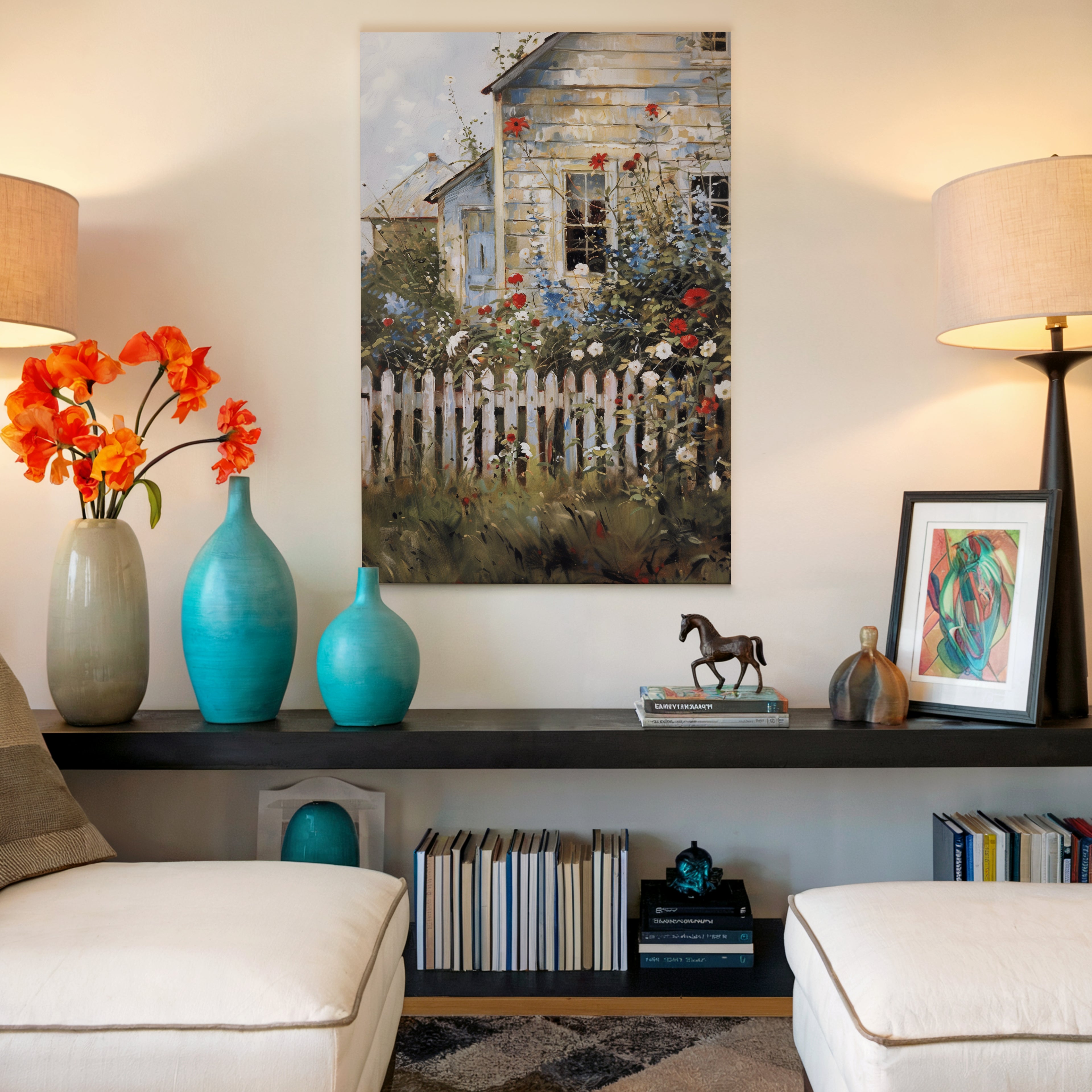 Wandbild mit amerikanischen Blumen im Landhausstil | Vintage-Garten-Lattenzaun | Rustikale Dekoration zum Unabhängigkeitstag