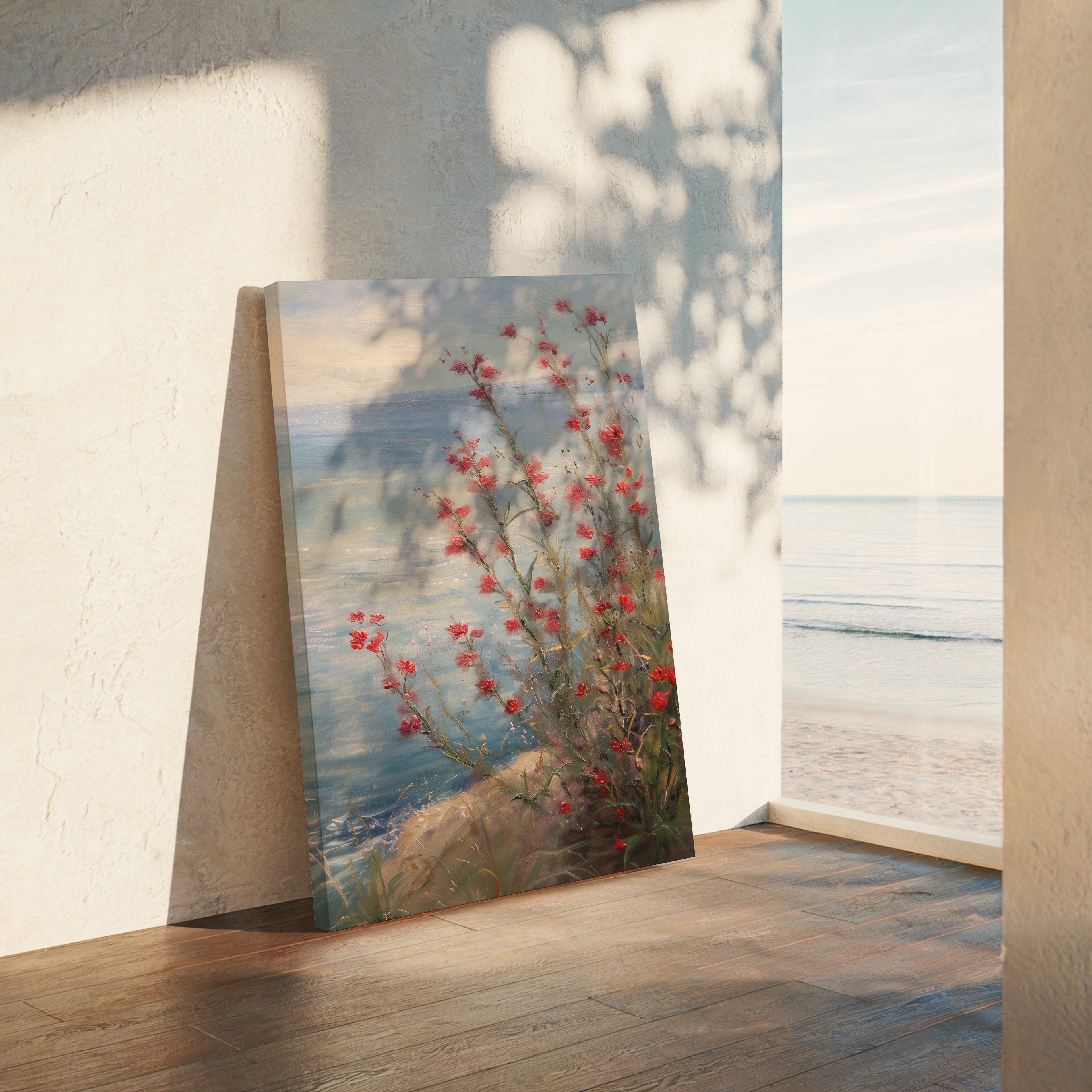 Leinwandbild mit roten Küstenwildblumen | Blumendesign zum Unabhängigkeitstag | Sommerdeko zum 4. Juli, Botanische Meeresmotive
