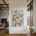 Leinwandbild „Pastellfarbene Singvögel“ – Neutrale botanische Zweige, Frühlingshaus, Natur-Tier-Vogel-Dekoration