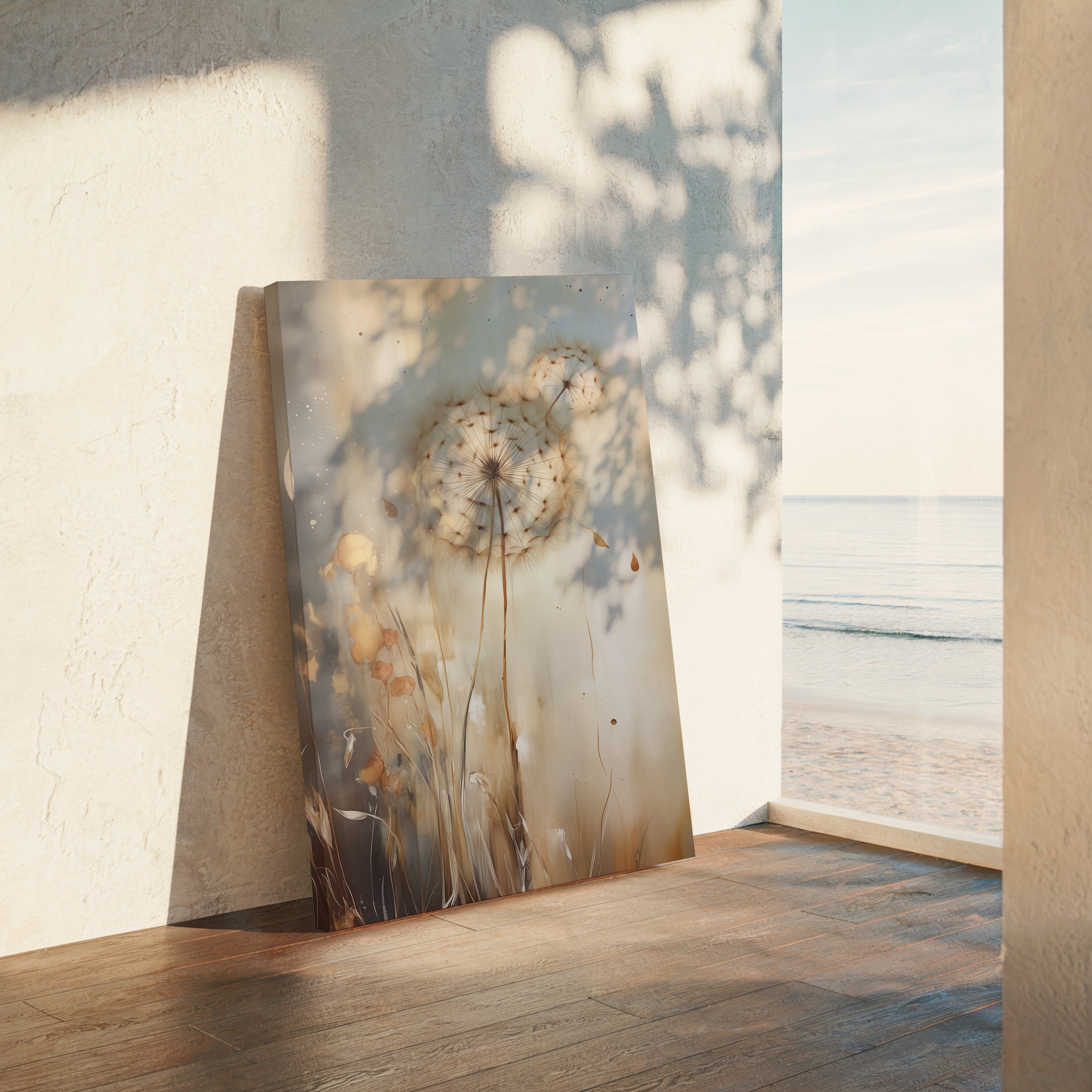 Wandbild „Stimmungsvolle Löwenzahnblüte“ auf Leinwand | Neutrales botanisches Design | Minimalistische Naturdekoration