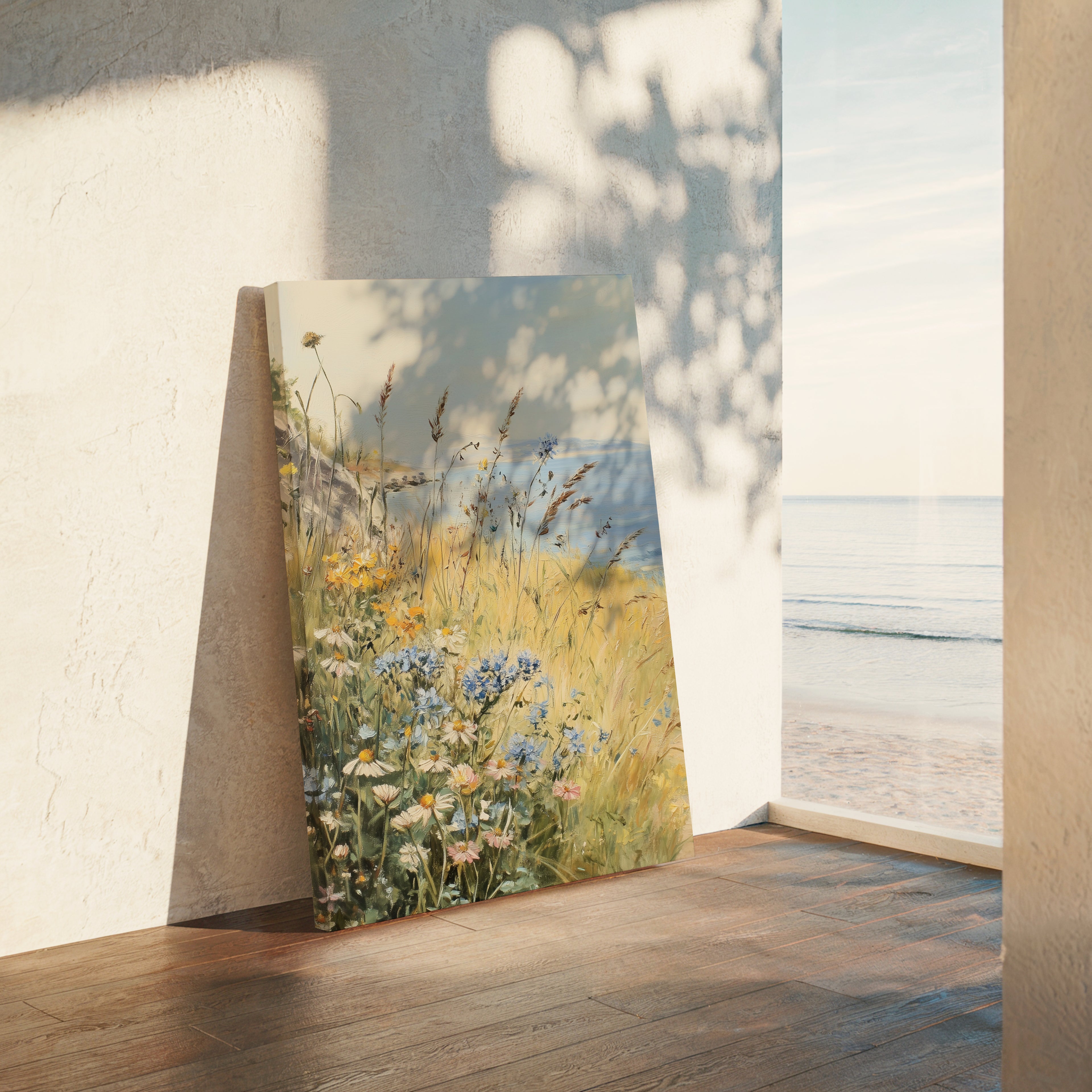 Leinwandbild mit Küstenwildblumen | Vintage-Meereswiesen-Design | Botanische Strandhaus-Dekoration, blau-gelbe Blumendekoration