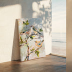 Leinwandbild „Pastellfarbene Singvögel“ – Neutrale botanische Zweige, Frühlingshaus, Natur-Tier-Vogel-Dekoration