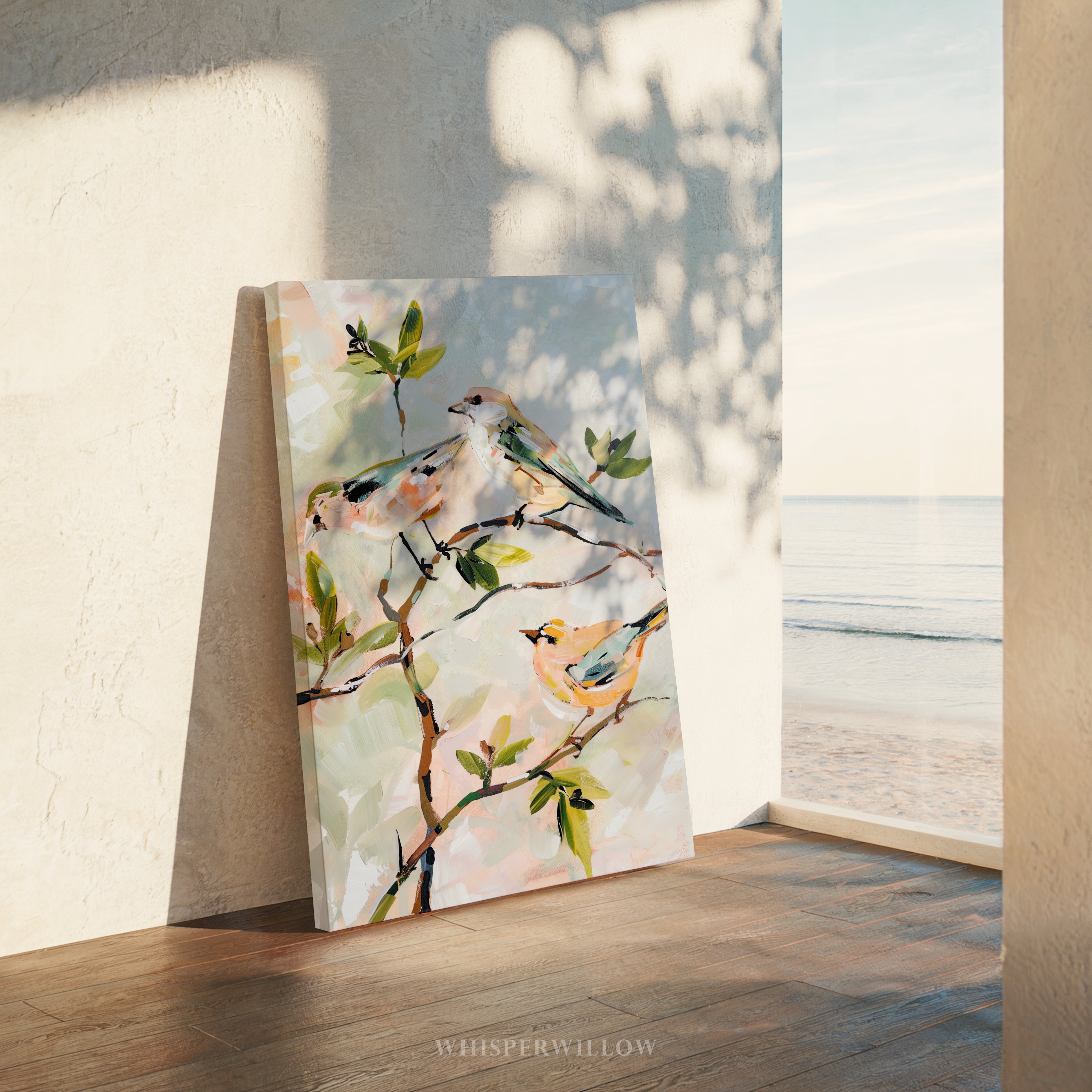 Leinwandbild „Pastellfarbene Singvögel“ – Neutrale botanische Zweige, Frühlingshaus, Natur-Tier-Vogel-Dekoration