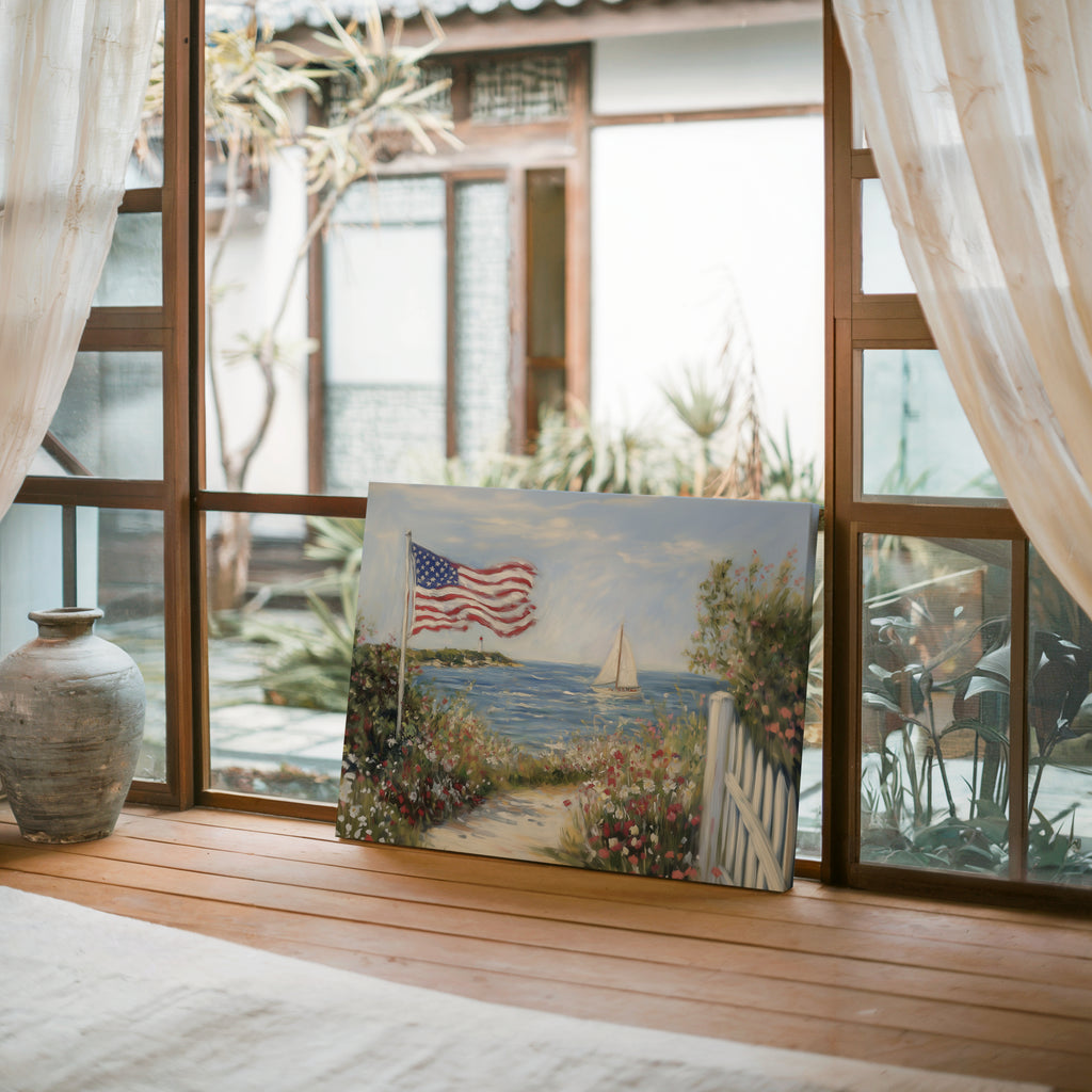 Patriotisches Wandbild im Küstenstil | Segelboot mit amerikanischer Flagge und Leuchtturm | Sommerdeko zum 4. Juli