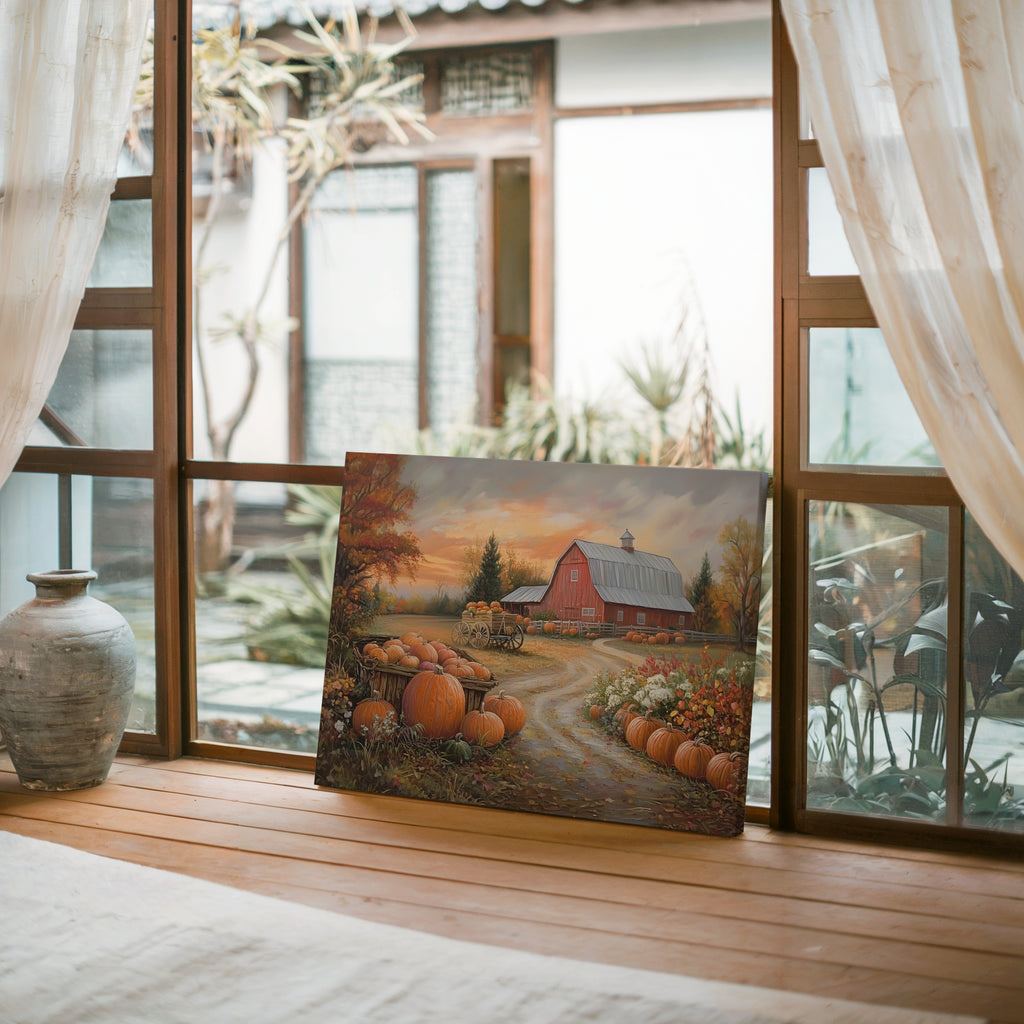 Rustikales Leinwandbild mit roter Scheune | Herbstlicher Kürbisbauernhof-Druck | Herbstliche Landschaft
