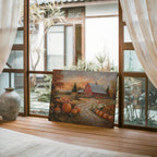 Rustikales Leinwandbild mit roter Scheune | Herbstlicher Kürbisbauernhof-Druck | Herbstliche Landschaft