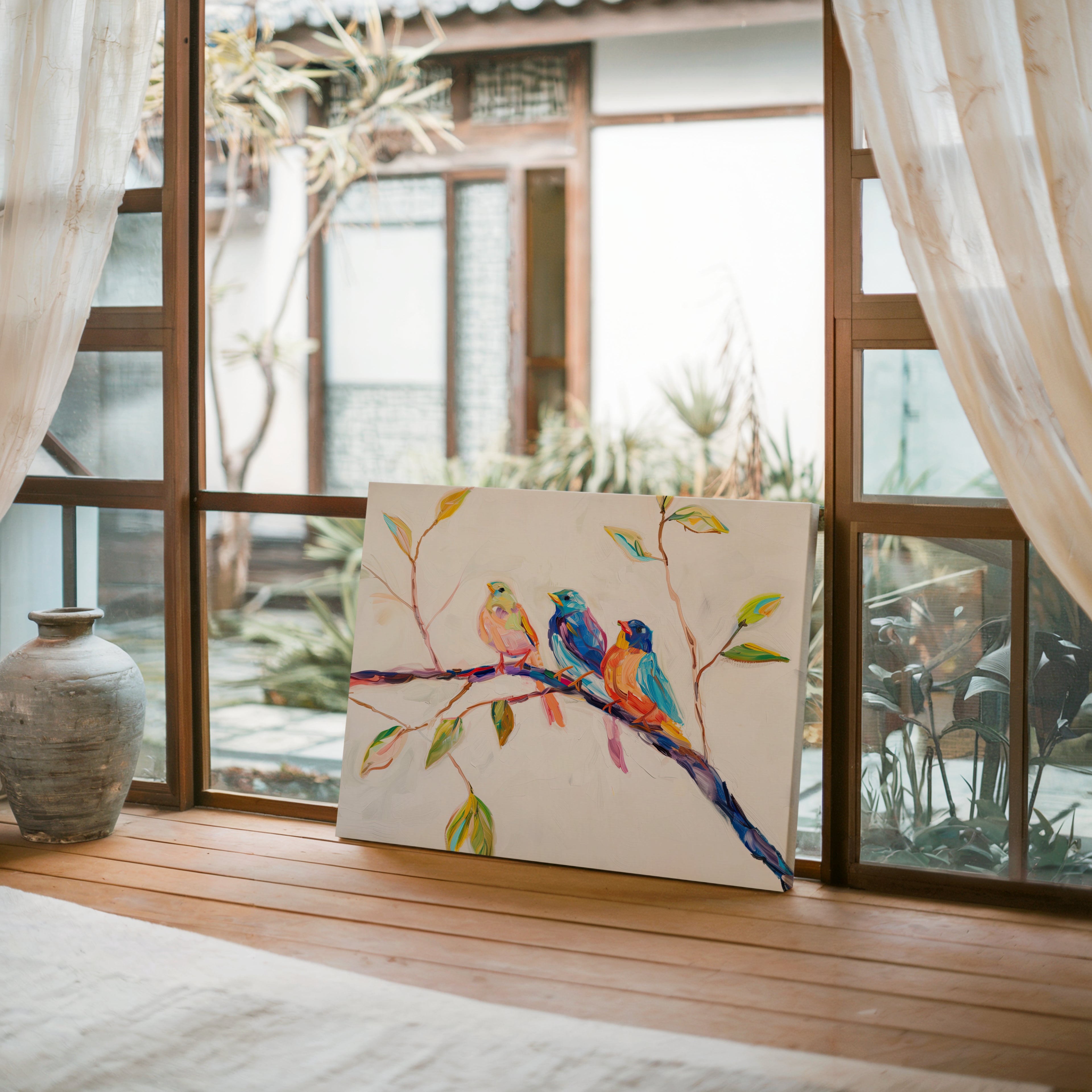 Colorful Birds Canvas Wall Art | Vibrant Tree Branch Wildlife | Abstract Animal Decor