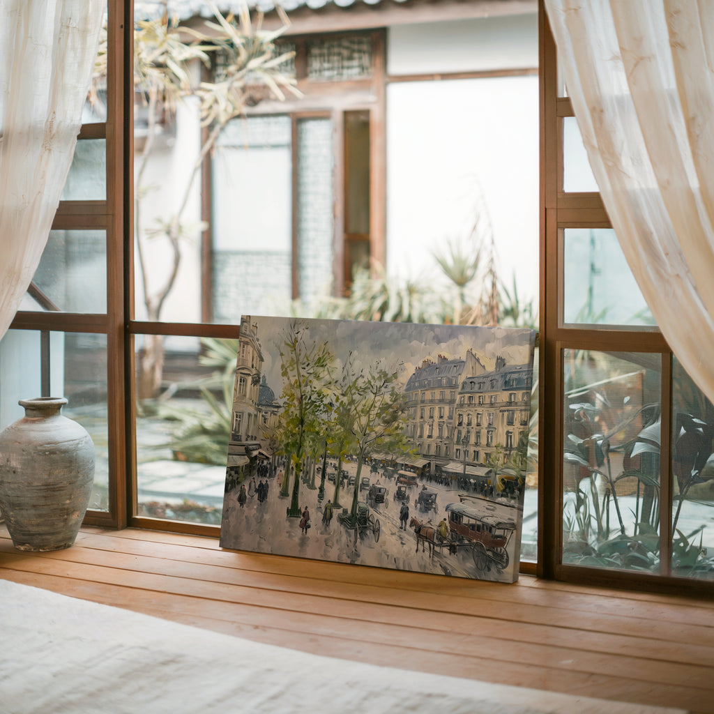 Paris Street Scene Canvas Wall Art | Vintage Horse Carriage Print | 1880s European Architecture