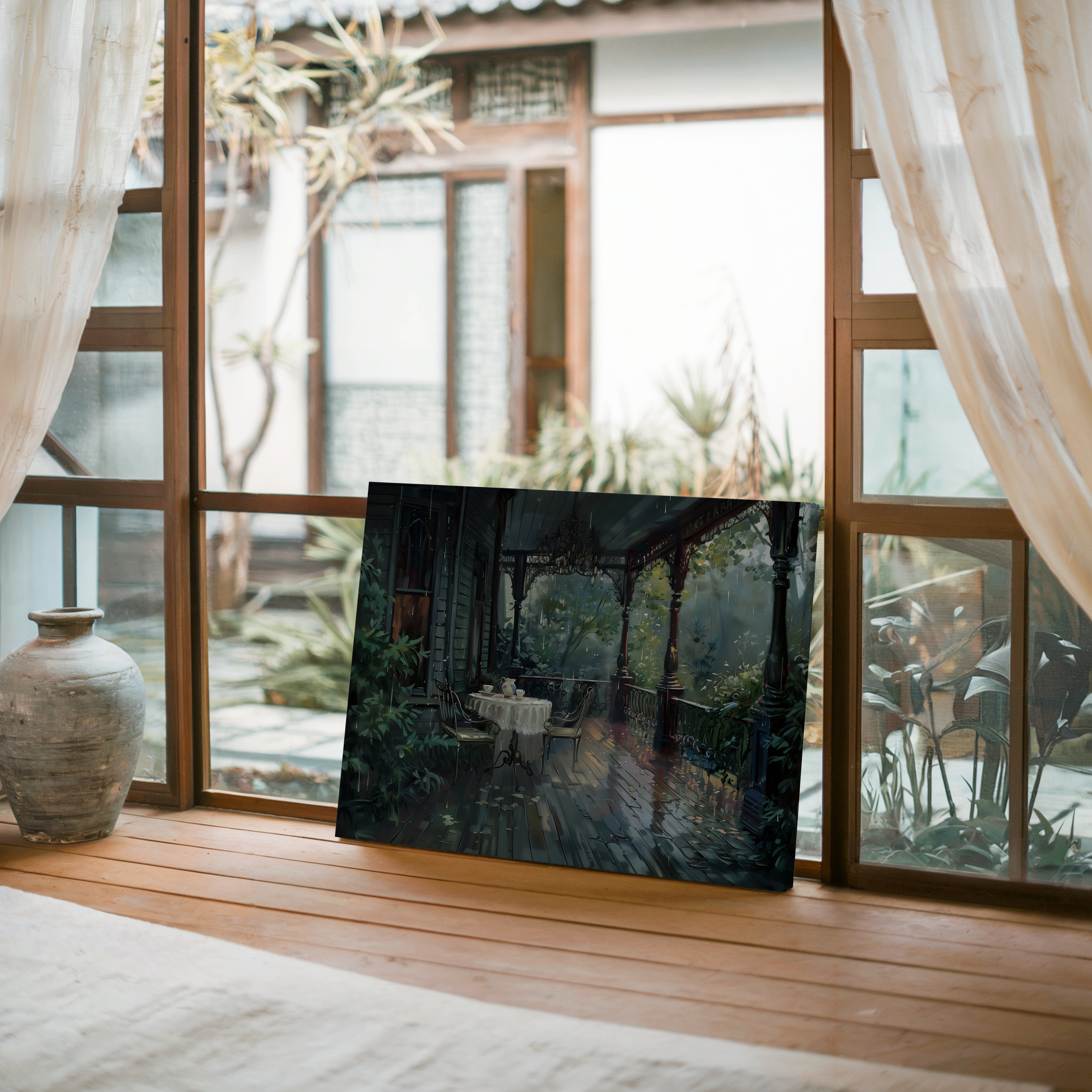 Viktorianisches Wandbild für die Veranda – Szene mit Tee am regnerischen Morgen, Vintage-Gartenveranda