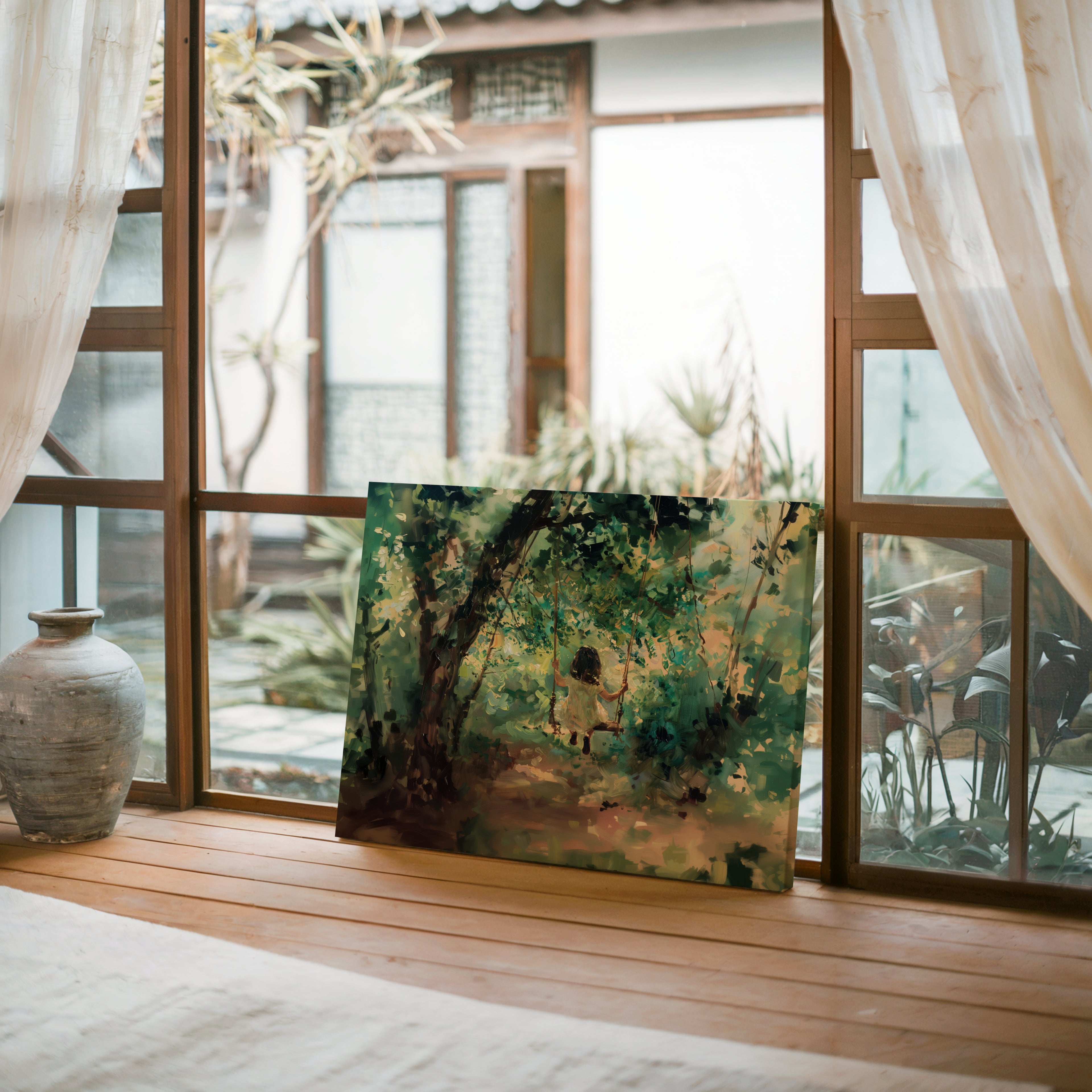 Vintage Child Tree Swing Canvas Wall Art | Whimsical Forest Landscape | Nostalgic Nursery Decor