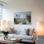 Patriotisches Wandbild im Küstenstil | Segelboot mit amerikanischer Flagge und Leuchtturm | Sommerdeko zum 4. Juli