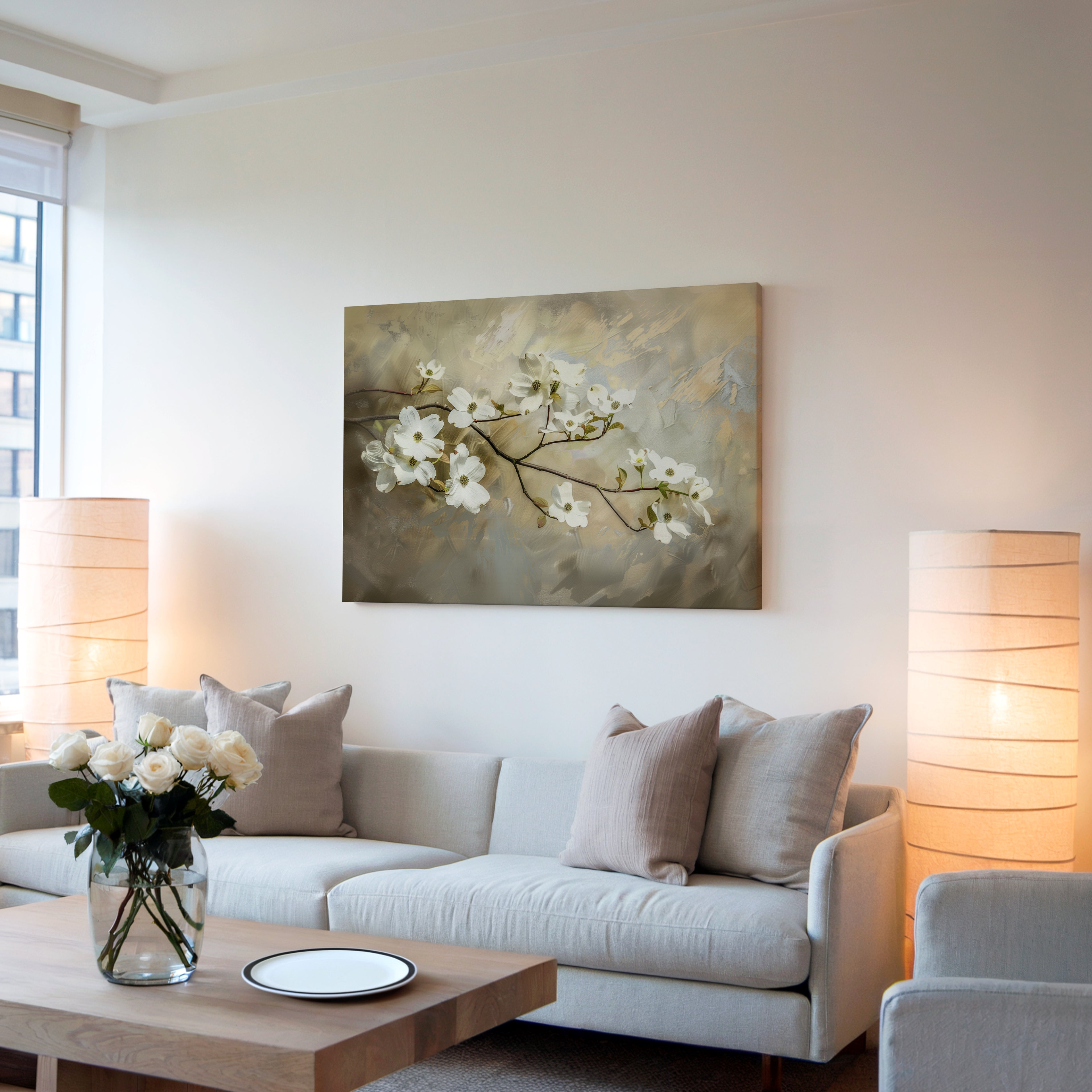 Wandbild mit Hartriegelblüten | Weißes Frühlingsblumendesign | Botanische Vintage-Dekoration im Landhausstil