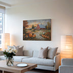 Rustikales Leinwandbild mit roter Scheune | Herbstlicher Kürbisbauernhof-Druck | Herbstliche Landschaft