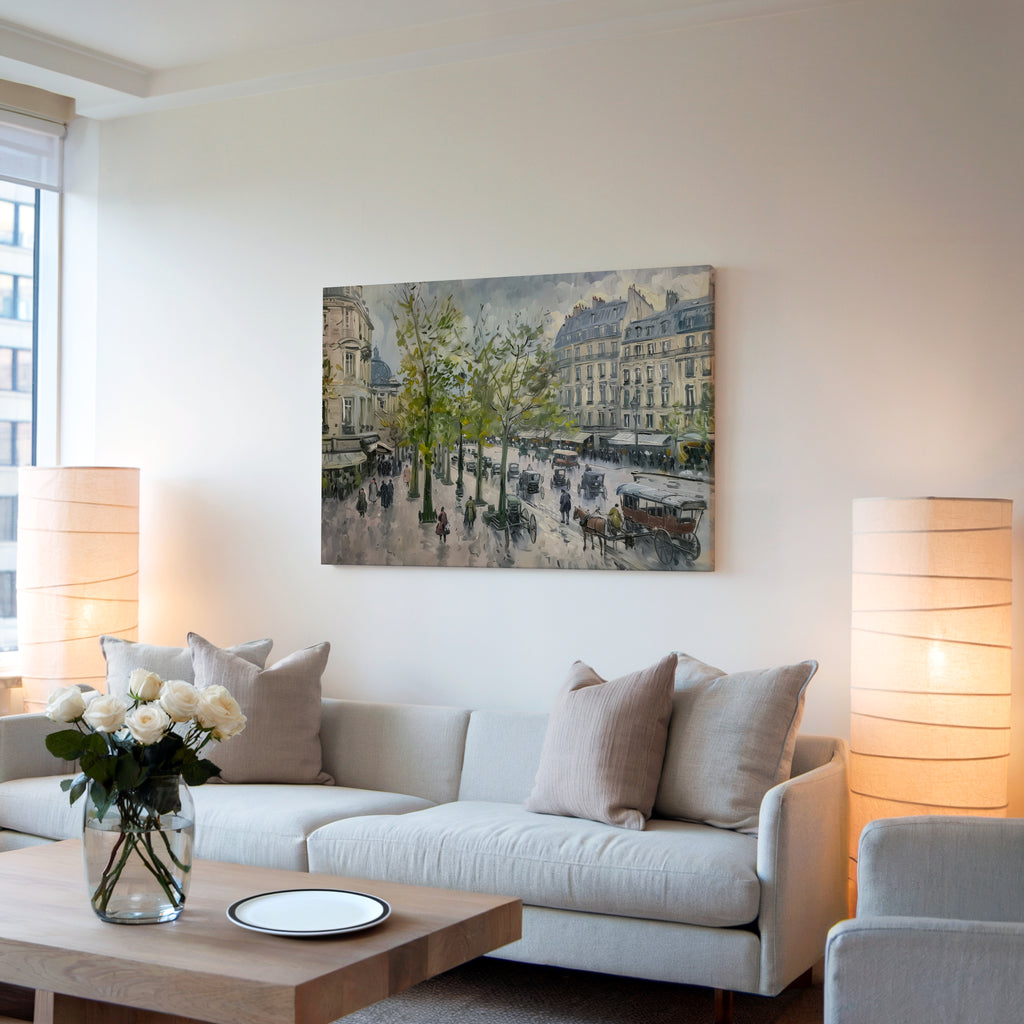 Paris Street Scene Canvas Wall Art | Vintage Horse Carriage Print | 1880s European Architecture