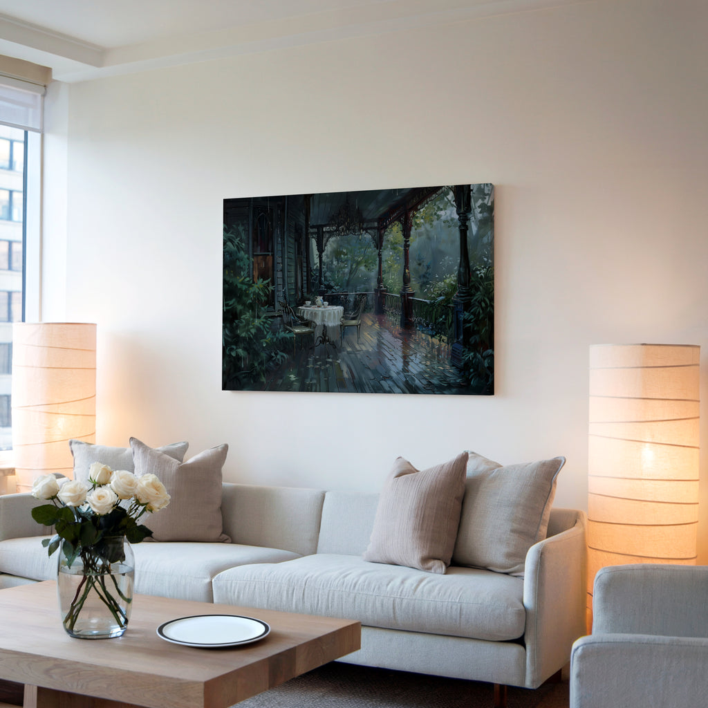 Tableau sur toile représentant une véranda victorienne - Scène de thé matinal sous la pluie - Jardin vintage