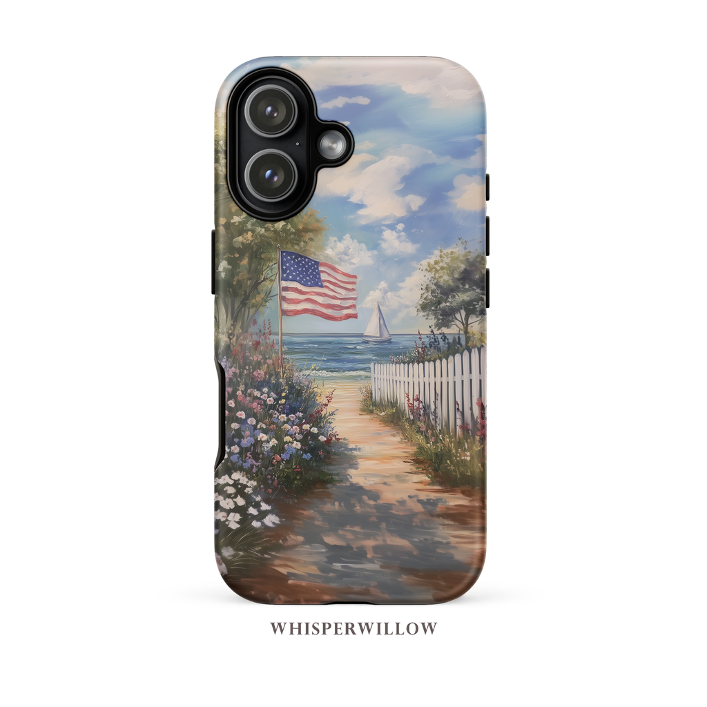 Coastal Art Phone Case | Compatible with iPhone Models | USA Flag Beach Sailboat Ocean Colorful Aesthetic Gift by WhisperWillow Studios