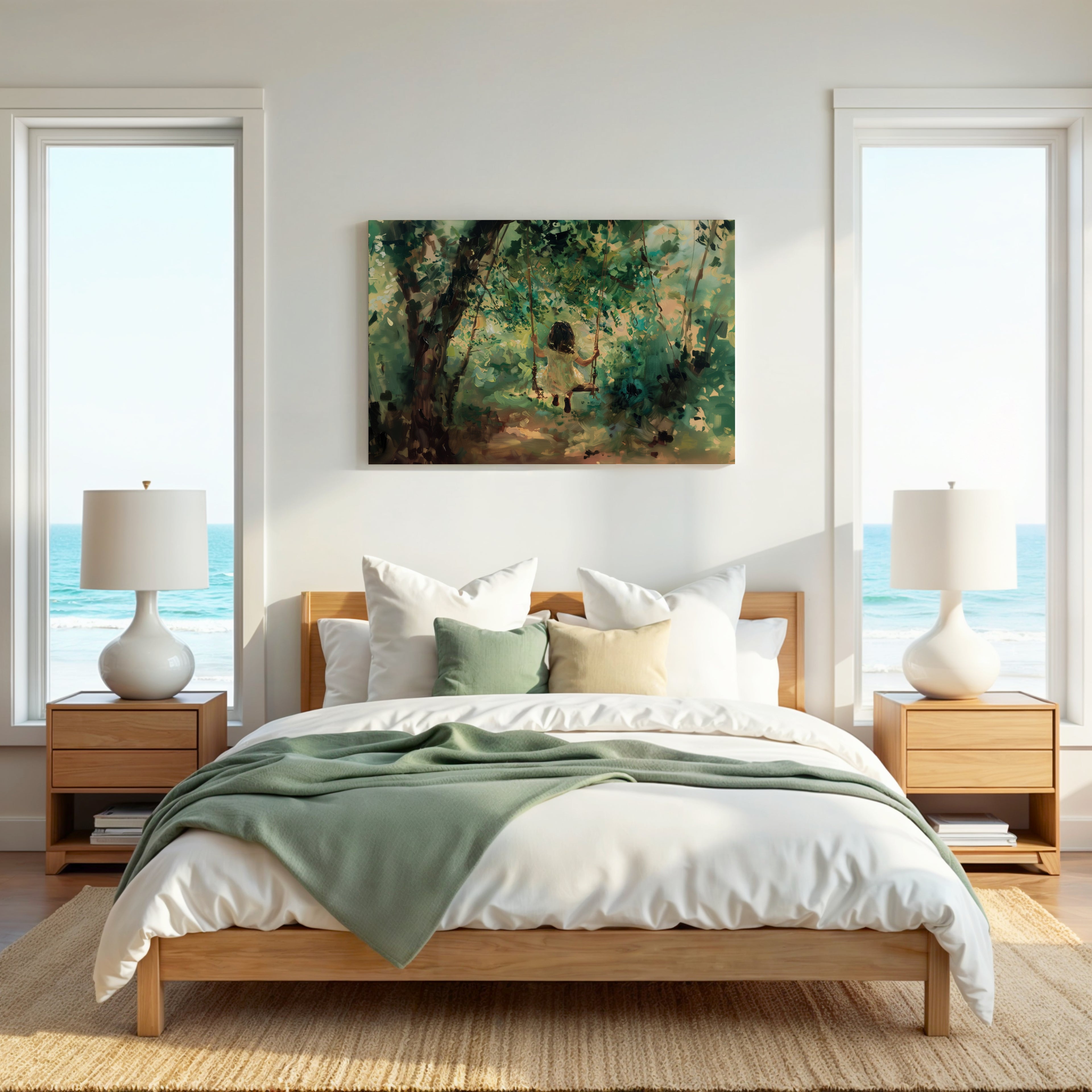 Vintage Child Tree Swing Canvas Wall Art | Whimsical Forest Landscape | Nostalgic Nursery Decor