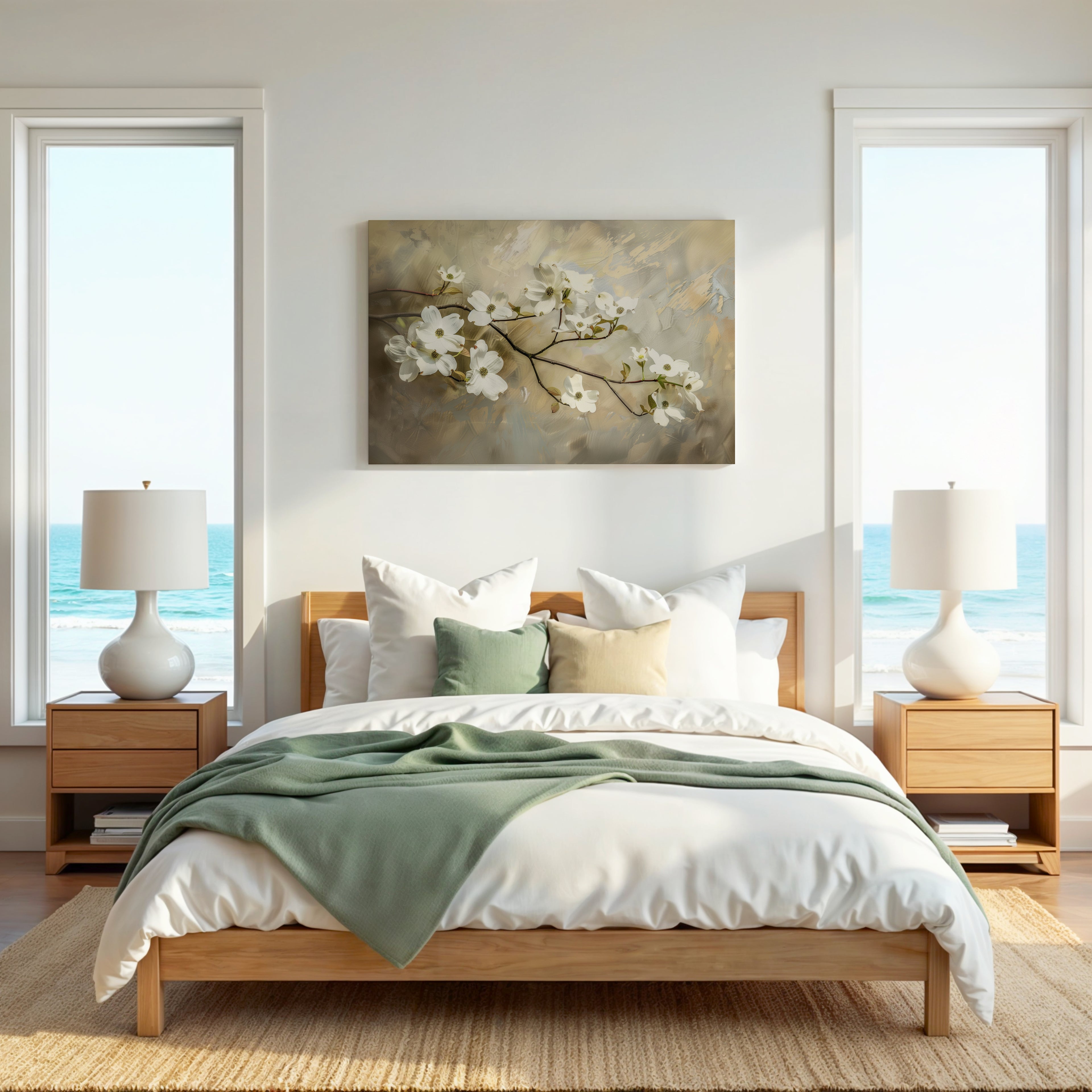 Wandbild mit Hartriegelblüten | Weißes Frühlingsblumendesign | Botanische Vintage-Dekoration im Landhausstil