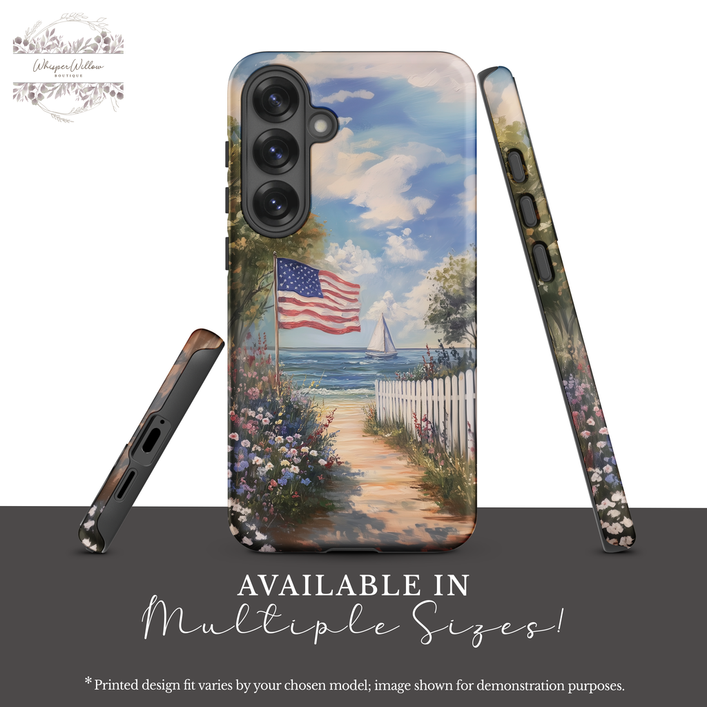 Coastal Aesthetic Phone Case Compatible with Samsung | American Flag Beach Art | Patriotic Ocean Landscape | Wildflower Path Design