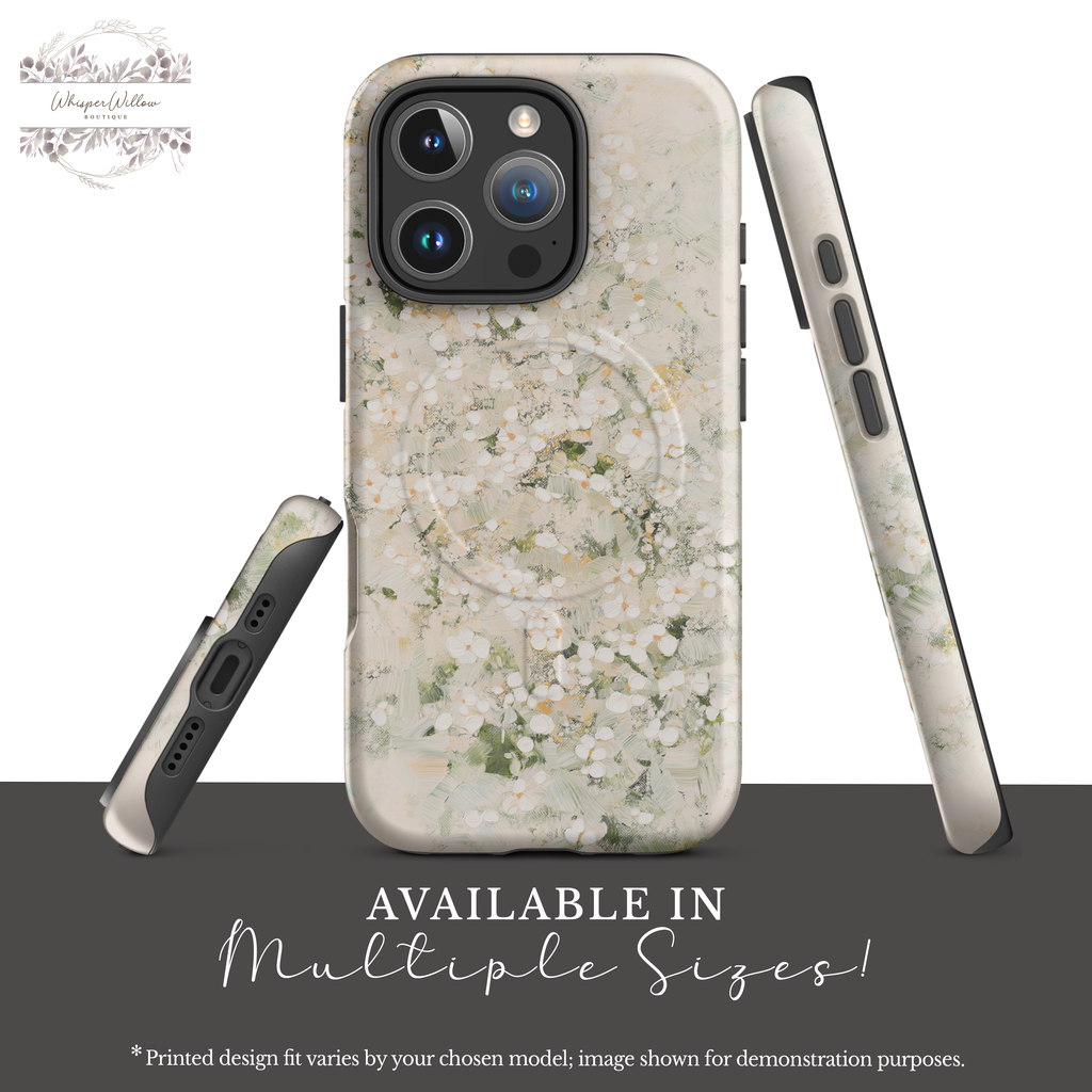 Cream Floral Phone Case | Compatible with MagSafe Magnetic Charging | Minimalist Elegant Botanical Art | Aesthetic Ivory Blossom Design
