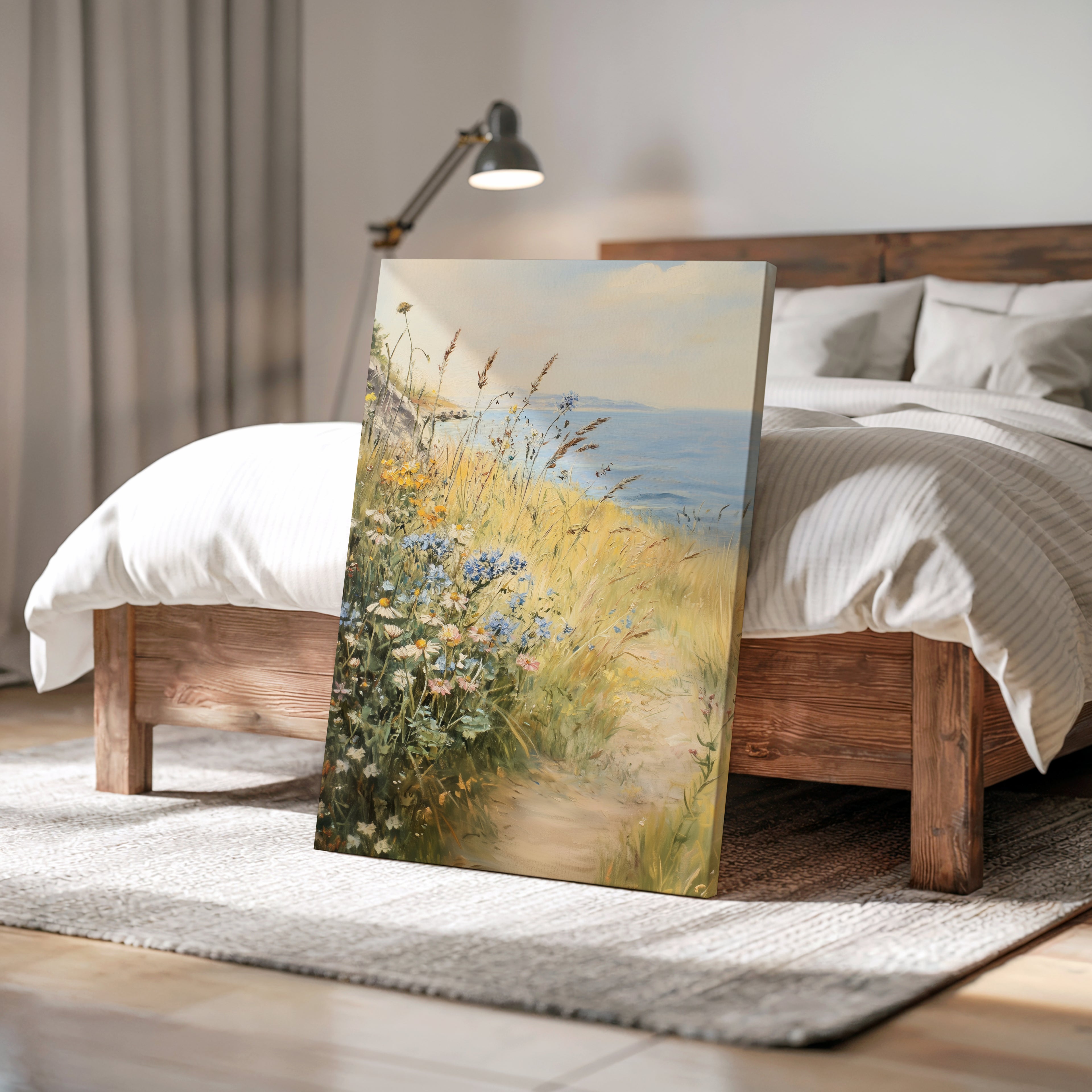 Leinwandbild mit Küstenwildblumen | Vintage-Meereswiesen-Design | Botanische Strandhaus-Dekoration, blau-gelbe Blumendekoration