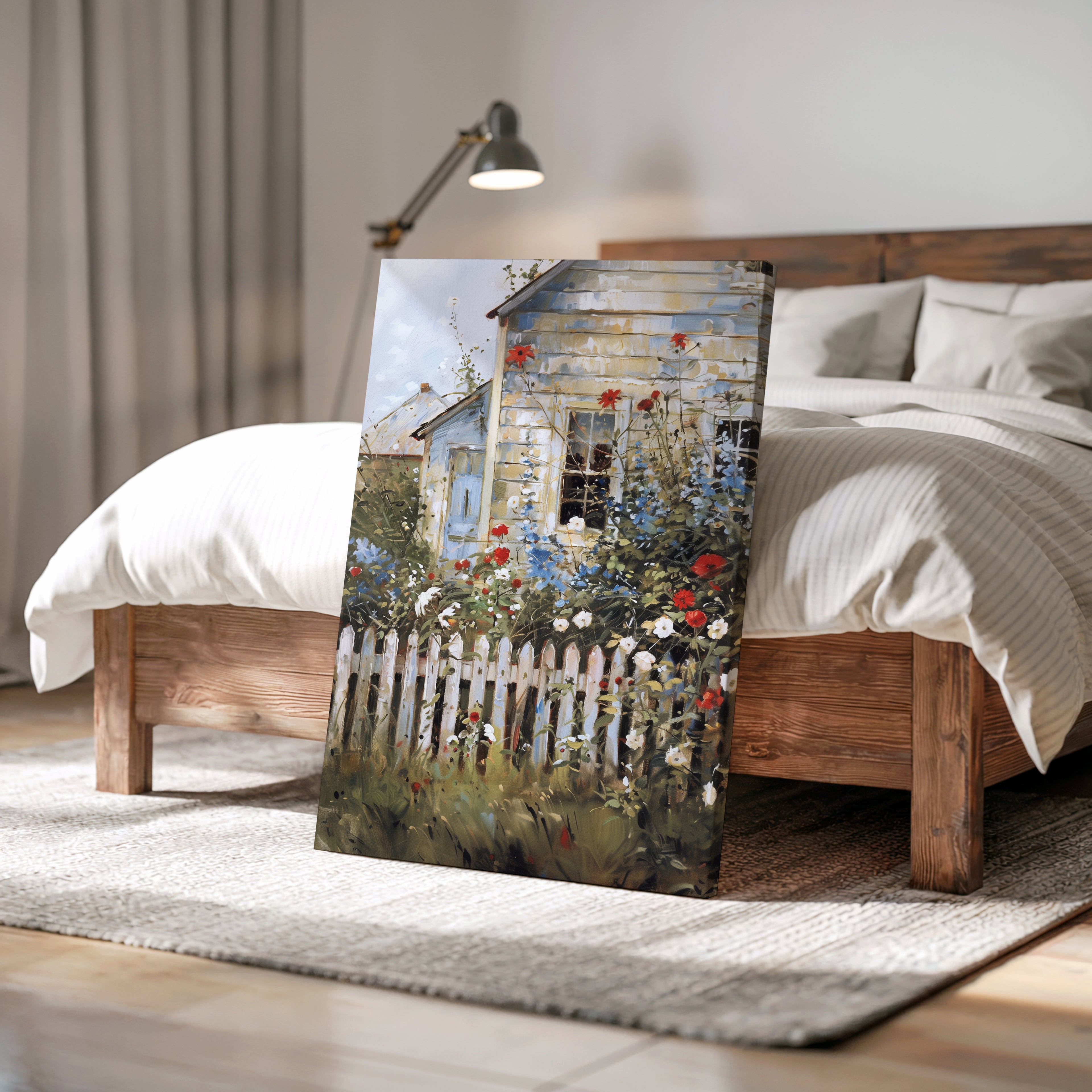 Wandbild mit amerikanischen Blumen im Landhausstil | Vintage-Garten-Lattenzaun | Rustikale Dekoration zum Unabhängigkeitstag