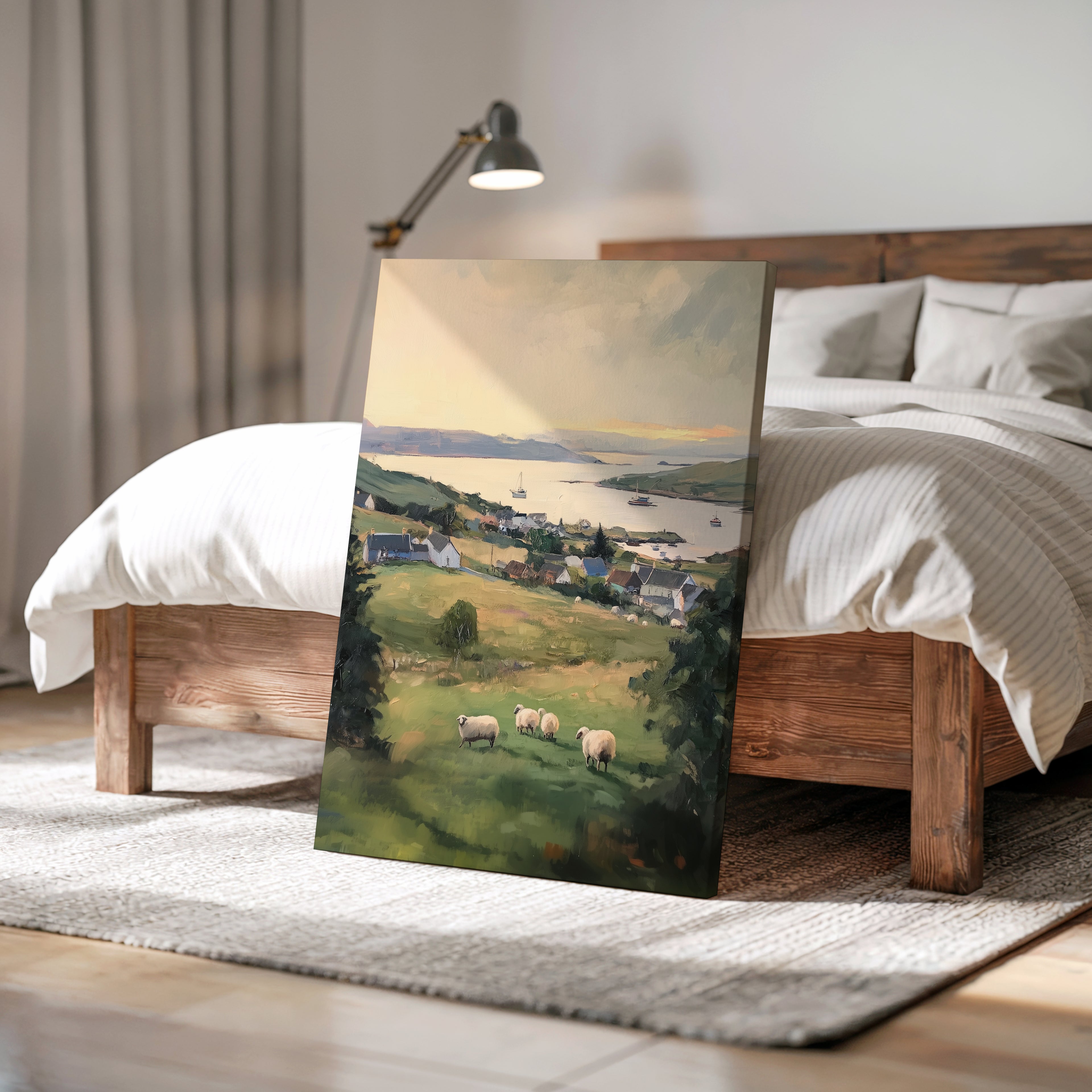 Irische Landschaftsmotive auf Leinwand | Schafweide an der Küste &amp; rustikales Cottage-Dorf | Vintage-Bauernhausdeko