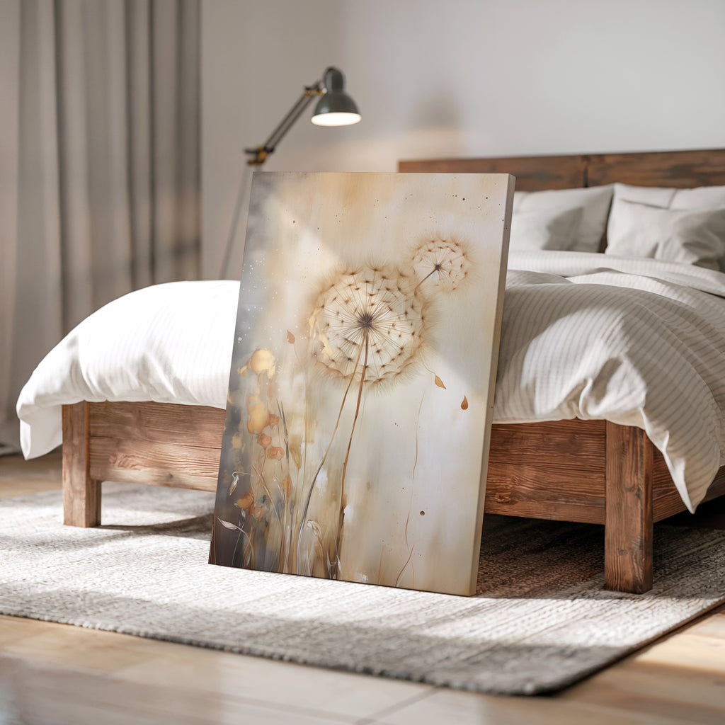 Wandbild „Stimmungsvolle Löwenzahnblüte“ auf Leinwand | Neutrales botanisches Design | Minimalistische Naturdekoration