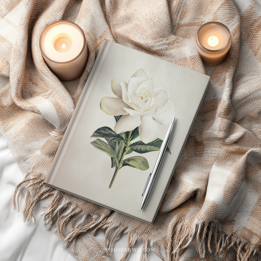Notebook with floral design that is a white magnolia bloom by WhisperWillow Studios Home Decor Gift
