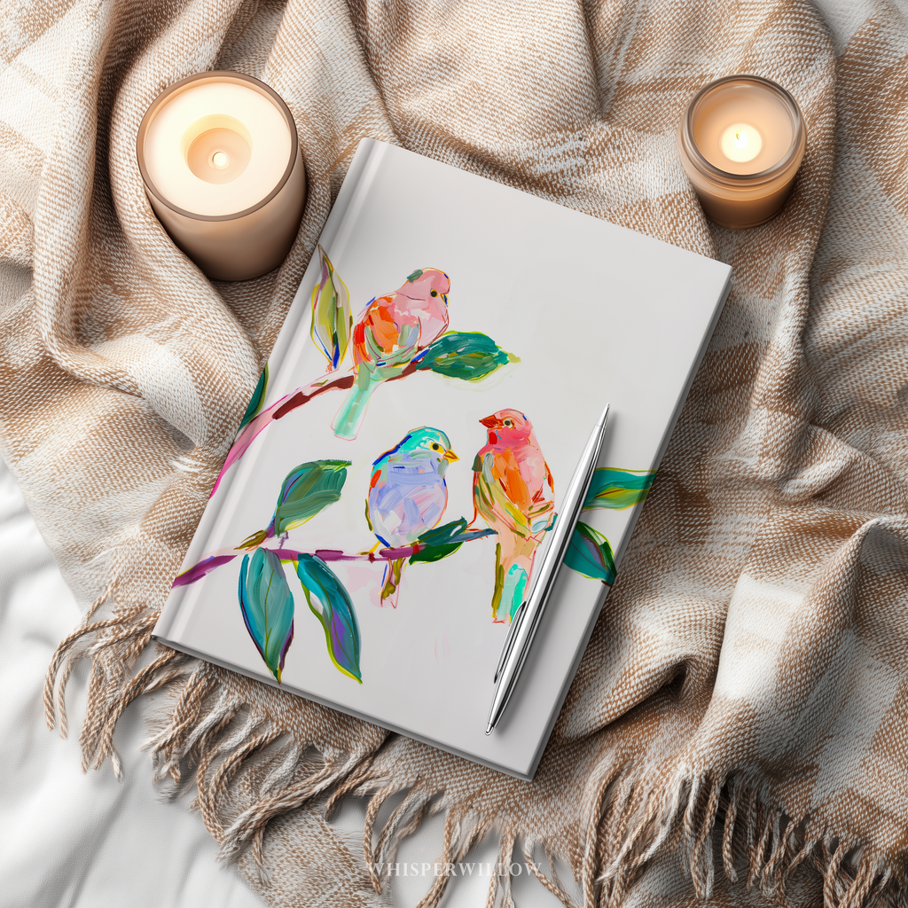 Vibrant colorful songbirds on a branch hardcover matte journal by WhisperWillow Studios home decor gift