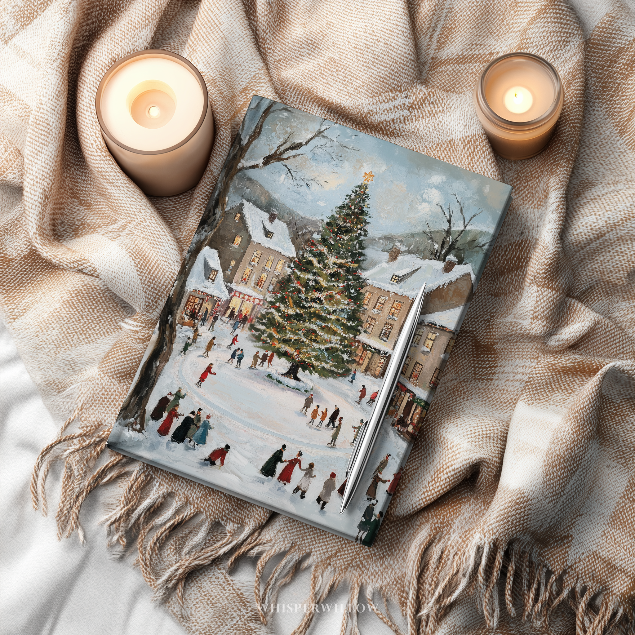 Christmas villa ice skating art hardcover journal holiday home decor by WhisperWillow Studios gift