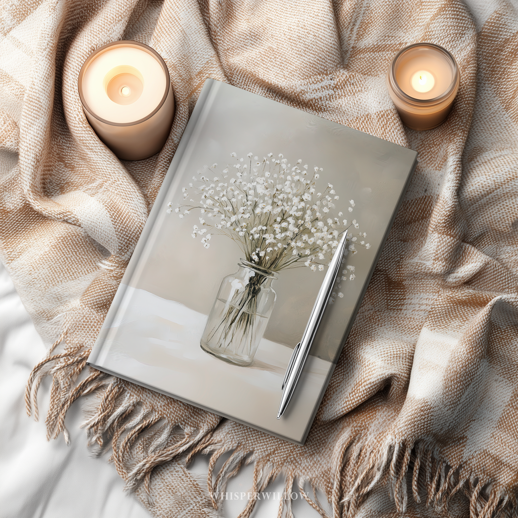White Baby's Breath Blooms in a Vase Still Life Hardcover Journal WhisperWillow Studios Home Decor Gift