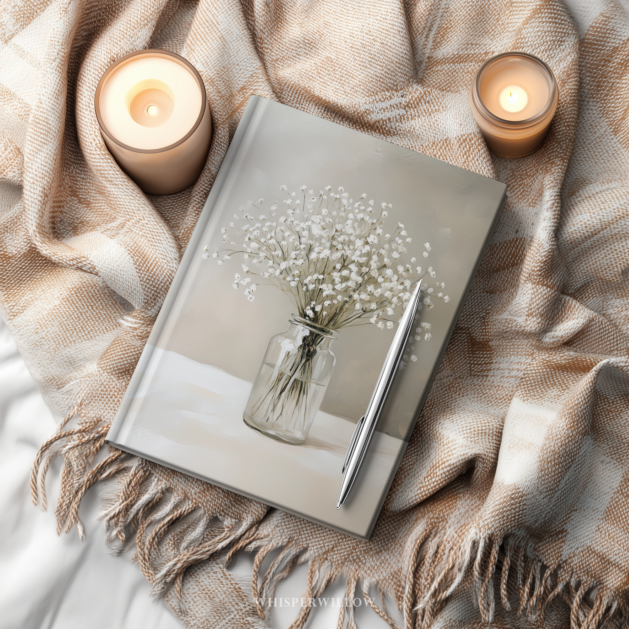 White Baby's Breath Blooms in a Vase Still Life Hardcover Journal WhisperWillow Studios Home Decor Gift