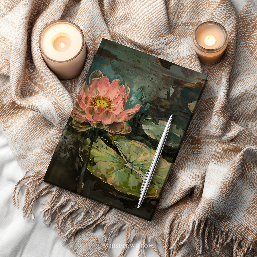Pink lotus flower on a lily pad on a hardcover matte journal by WhisperWillow Studios home decor gift