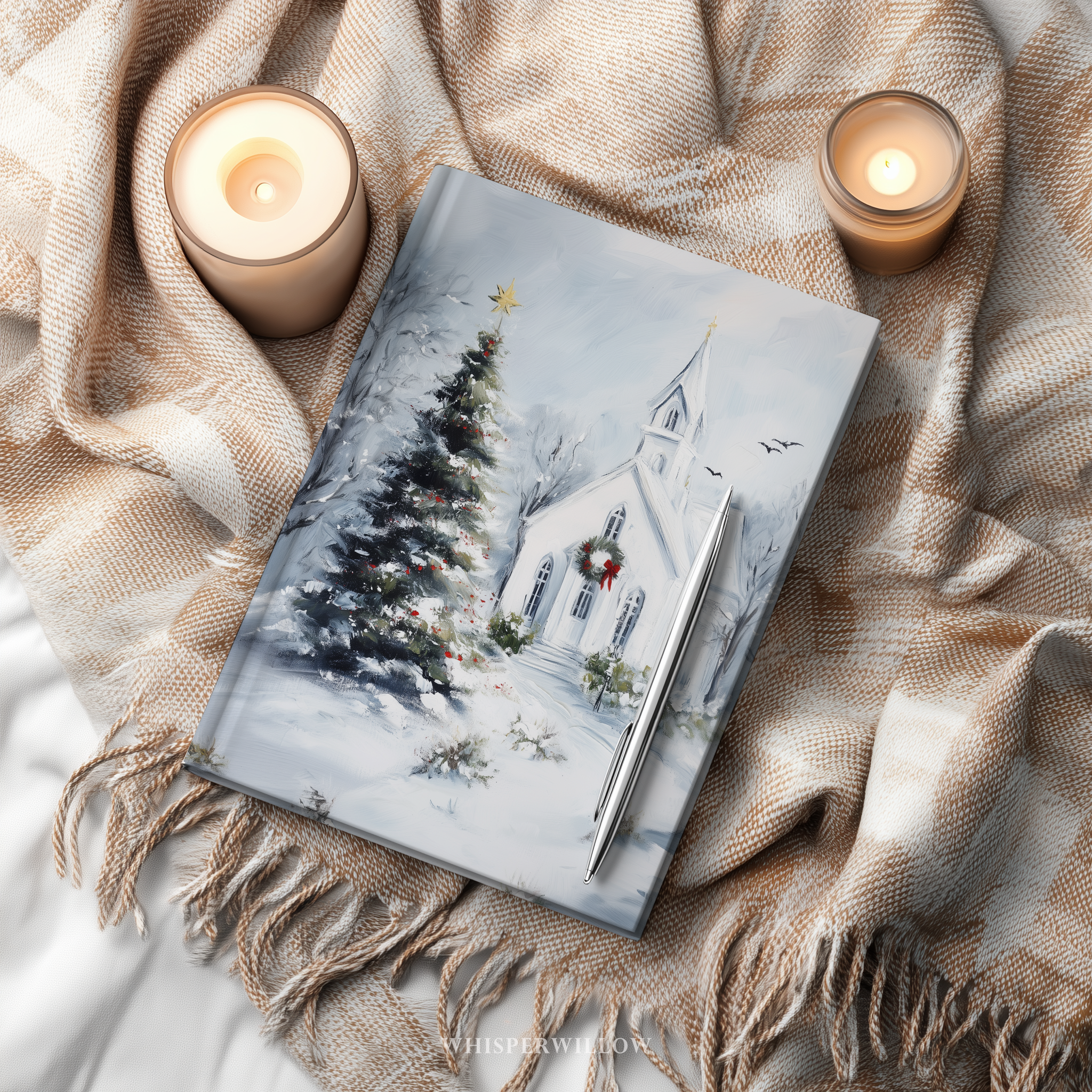 Winterliches Kirchen-Notizbuch (gebunden) – Weihnachtsbaum-Motiv, christliches Fest, verschneite Landschaft – Geschenkidee