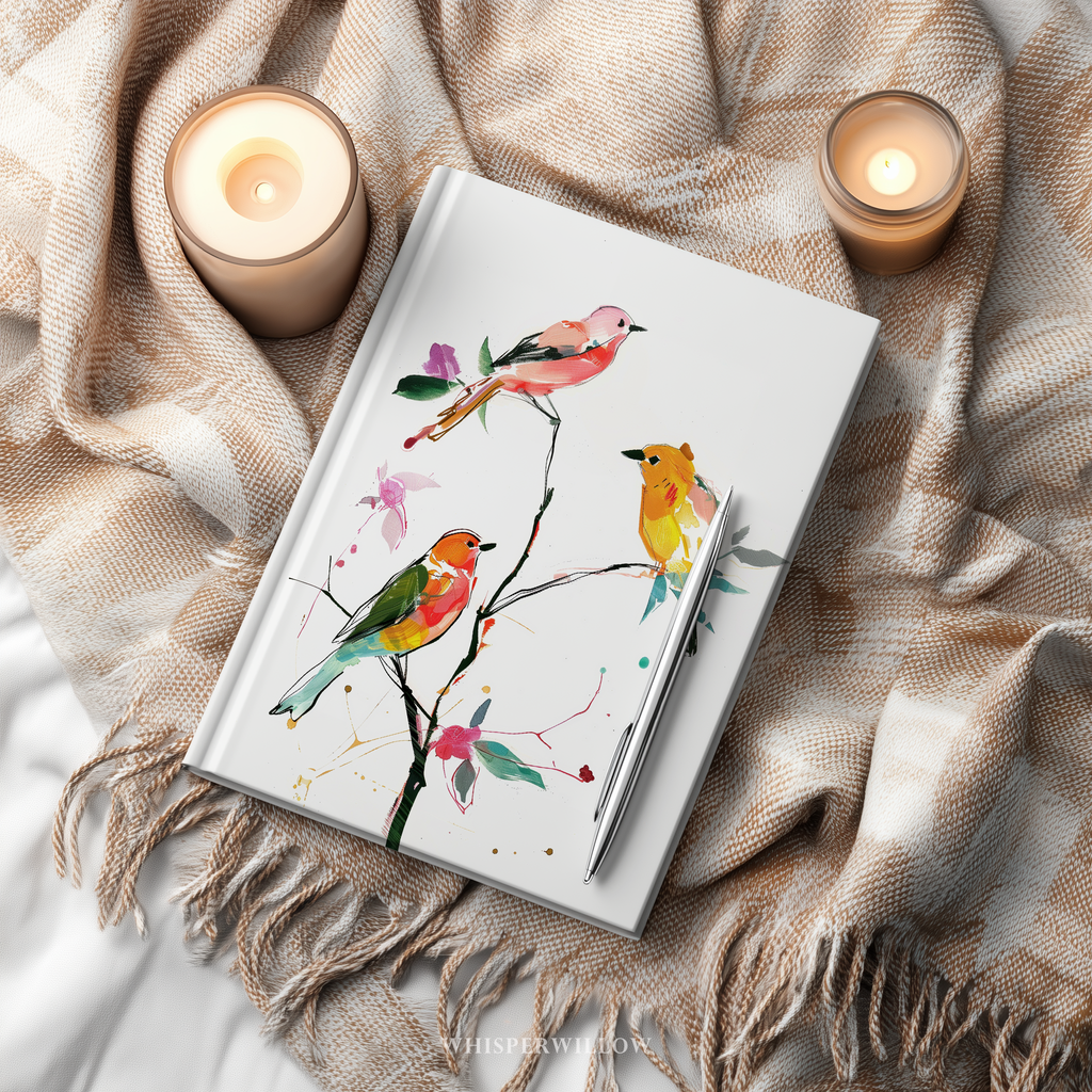 Colorful songbirds on a branch on a matte hardcover journal whimsical animal home decor by WhisperWillow Studios gift