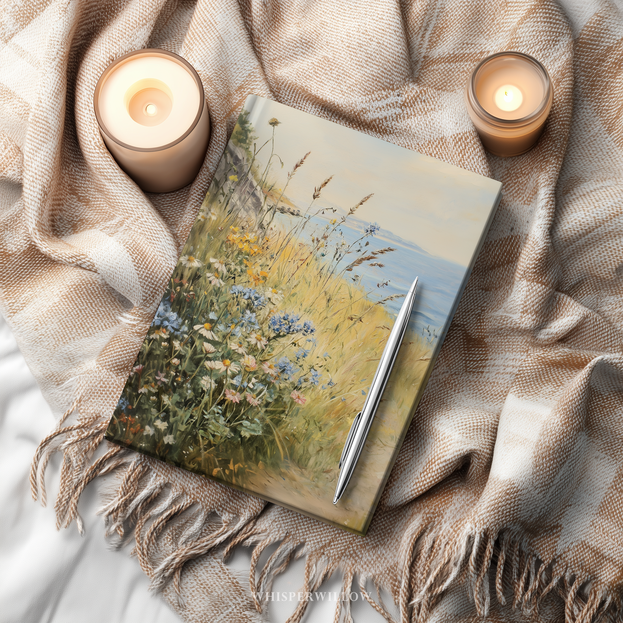 Vintage coastal wildflower art on a hardcovered matte journal by WhisperWillow Studios home decor gift