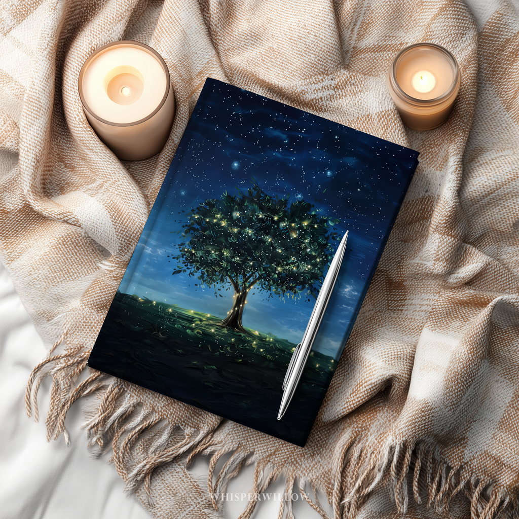 Midnight stars with one enchanting twinkly tree and lightning bugs on a matte hardcover journal by WhisperWillow Studios home decor gift