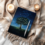 Midnight stars with one enchanting twinkly tree and lightning bugs on a matte hardcover journal by WhisperWillow Studios home decor gift
