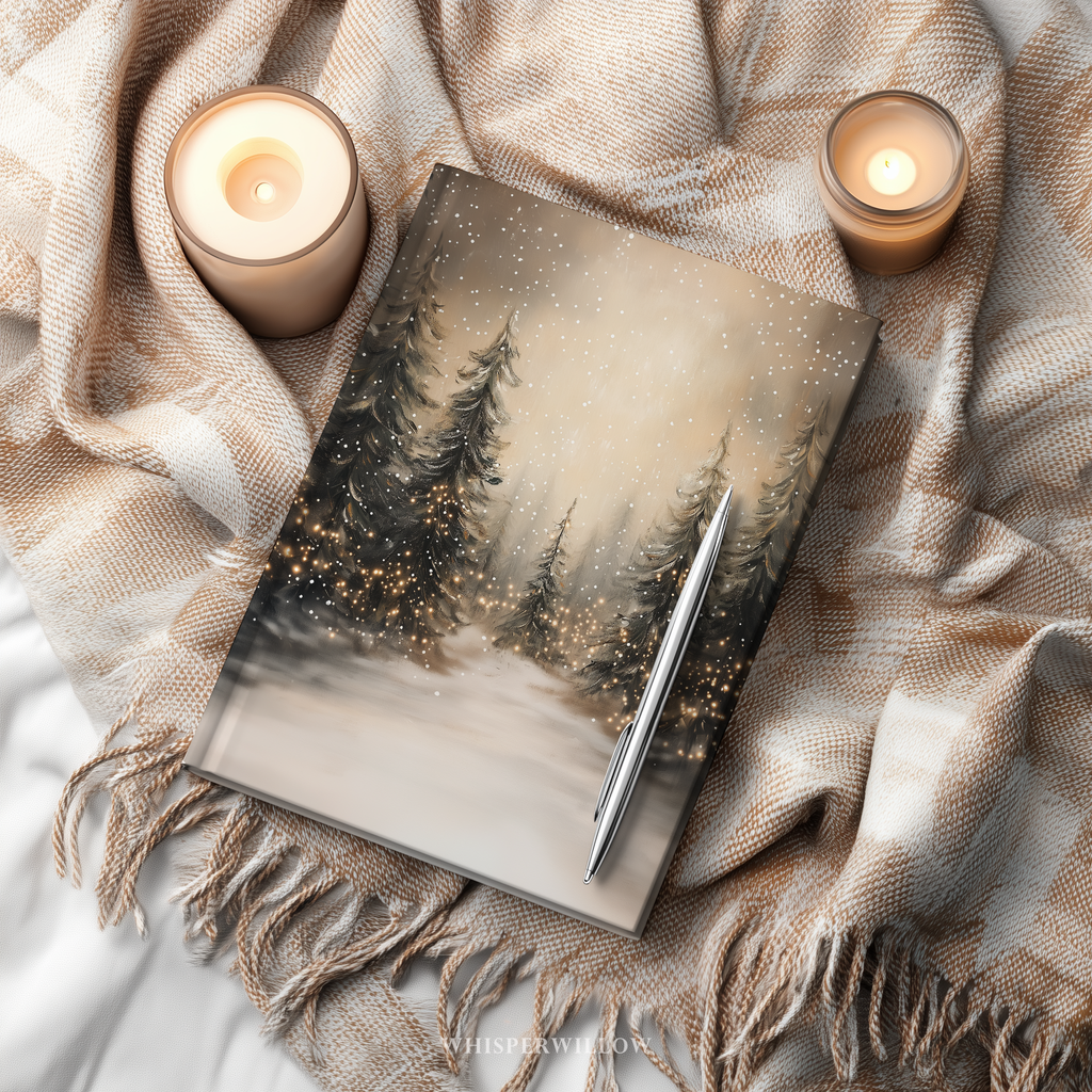 Notizbuch mit festem Einband: Winterwald mit Schneefall | Weihnachtslichter-Notizbuch | Weihnachtsgeschenk mit linierten Seiten