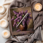 Lilac bouquet still life art on a hardcover matte journal by WhisperWillow Studios home decor gift