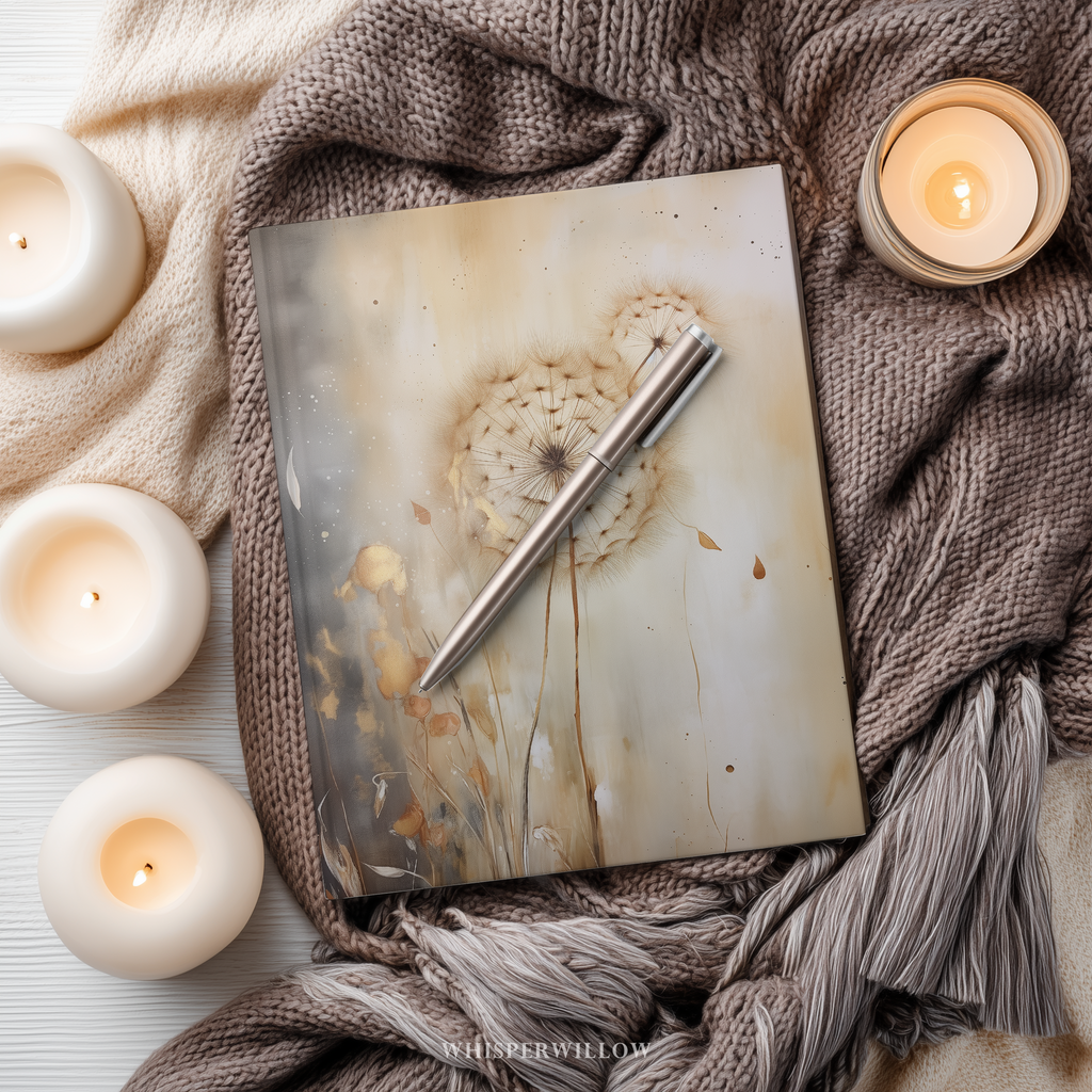 Moody dandelion whimsical artwork on hardcover matte notebook by WhisperWillow Studios home decor gift