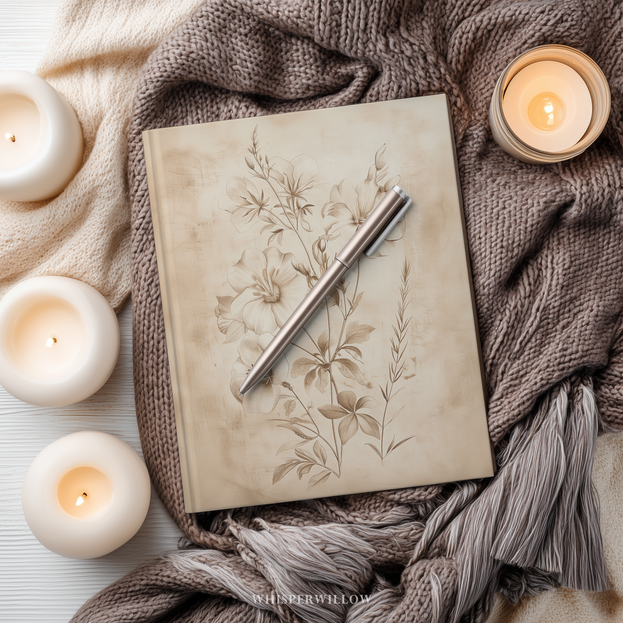 Vintage delicate flower sepia drawing on hardcover journal art by WhisperWillow Studios home decor gift